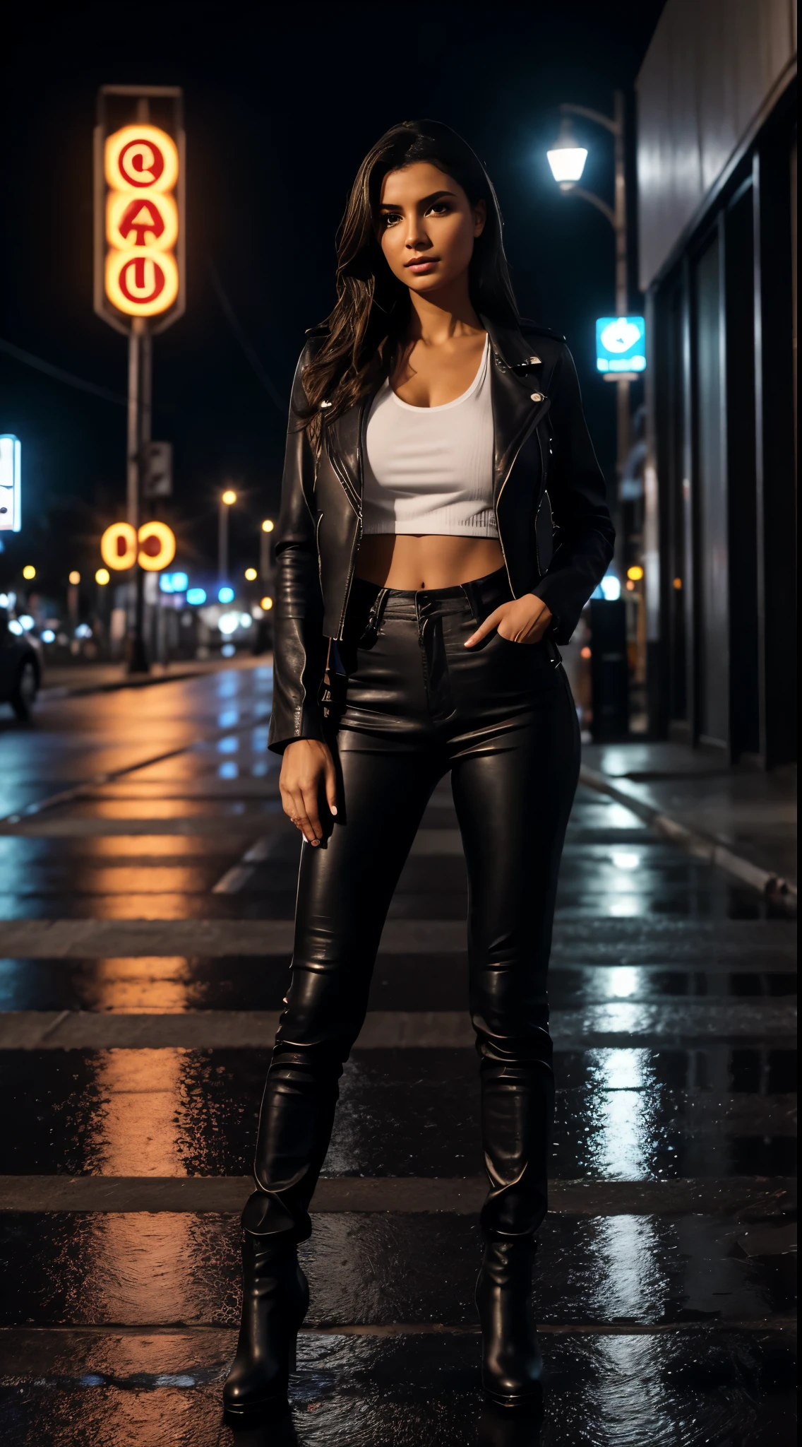 Foto hiperrealista en primer plano de Isabela Merced , masterpiece, best quality, wearing black tank top, wearing black leather jacket, black leather pants, at night, black leather boots, city street, ground wet from rain, fall, night time, neon sign in background, beautiful, absurdres, high res, ultrasharp, 8k, masterpiece, looking at viewer, detailed face, wear in white casual t=shier and luxury pants, high quality, photorealistic:1.2, beautiful woman, skinny, large big breasts, cinematic darkness light,