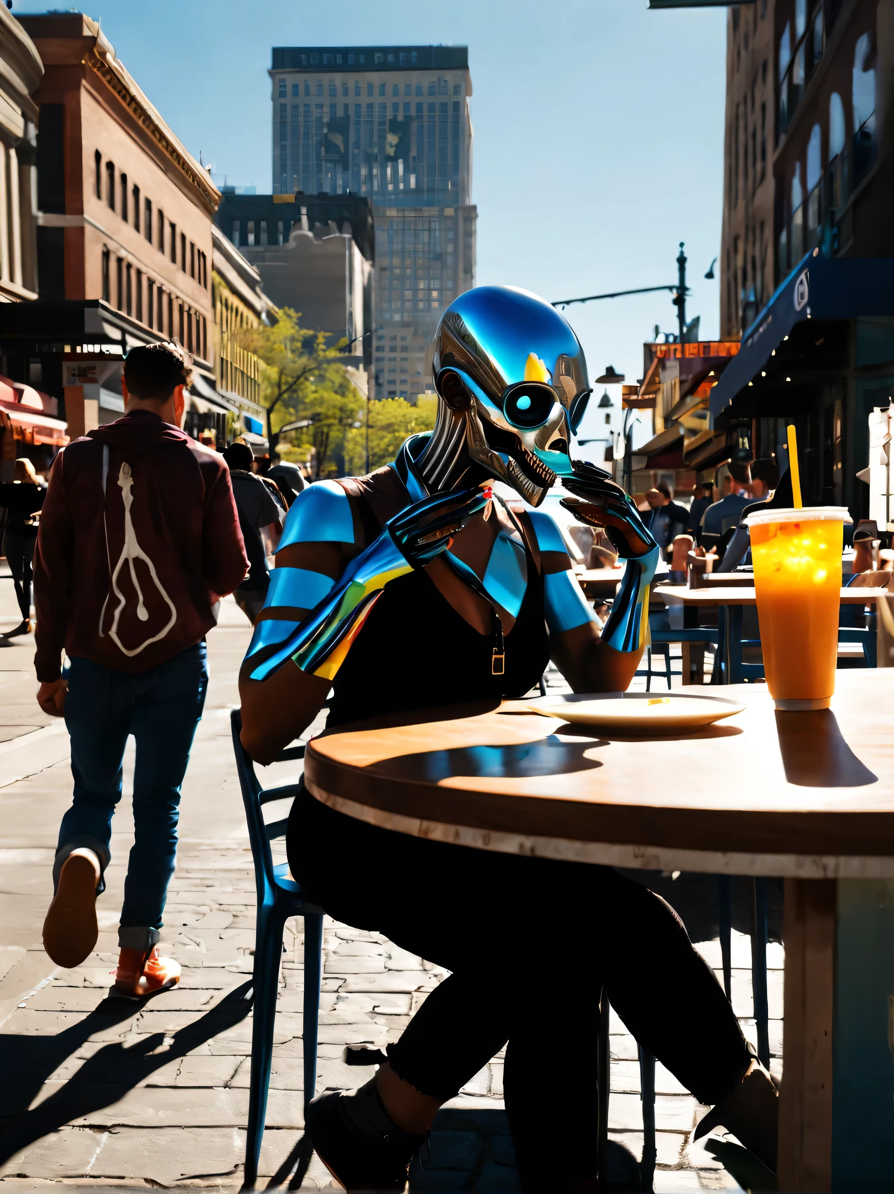 ultra-real hyper-insane stunning ultra-surreal people very well dressed avant-garde fashion, pieces of cubic flesh walking and drink sulfuric acid, others eating bizarre food at the table and emerging from within them arms and legs, bizarre and old devices glued to the heads and arms, show entire full bodies, walking in the city center, dark sunny background, super detailed, ultra-realistic, studio quality, 48k/HD, high contrast, hyper-realistic shadows, octane rendering, sharp focus