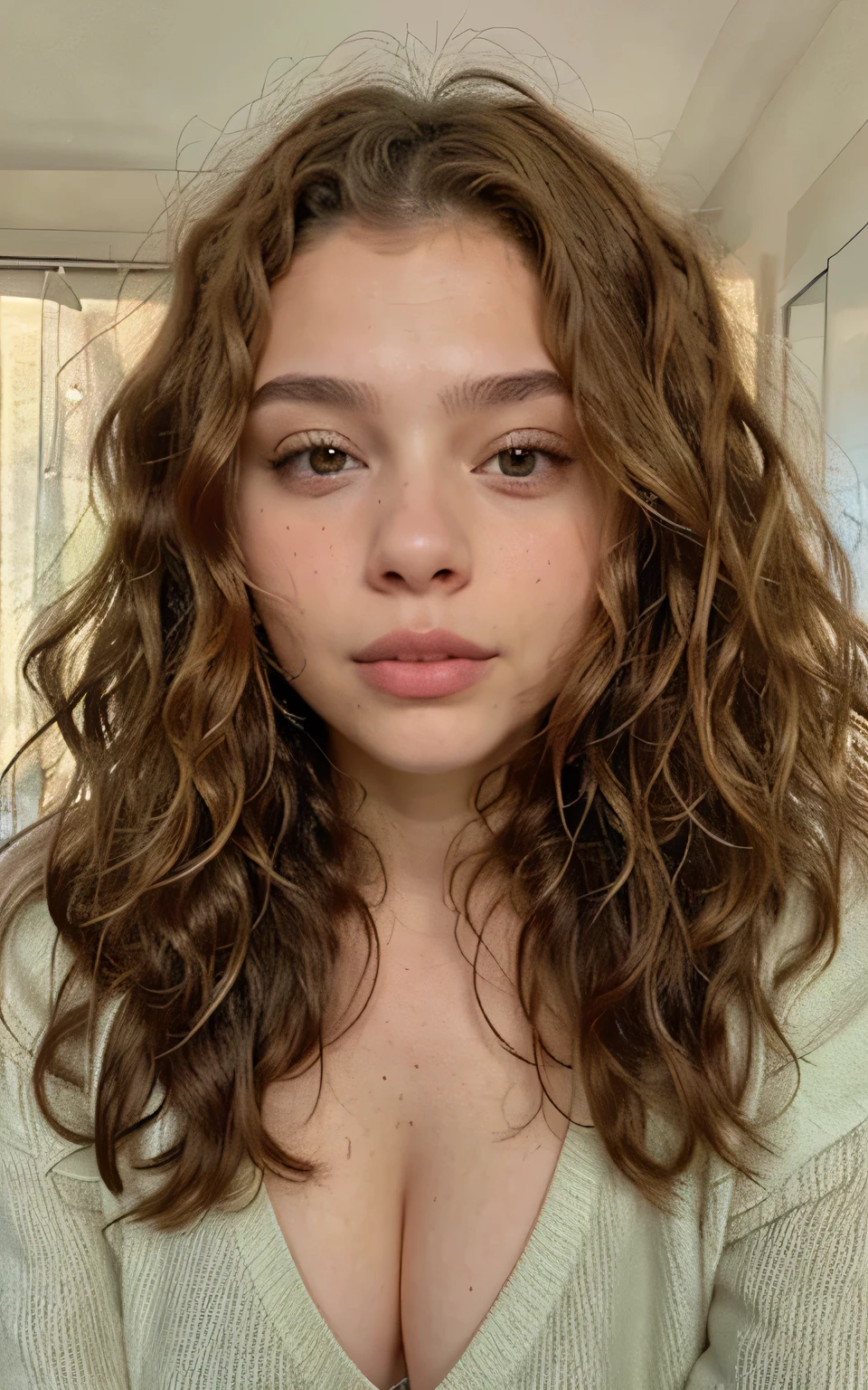 generates an image of a face with its head straight looking directly into the camera portrait of Sophie Mudd, cabello ondulado sin maquillaje, Ondulado middle part haircut, Ondulado haired, su rostro enmarcado con rizos, Ondulado, 19 year old girl, Chloë Grace Moretz, rizos en la parte superior, emma de aspecto italiano, Chloé Grace Moretz, taken in the early 2020s , ojos verdes