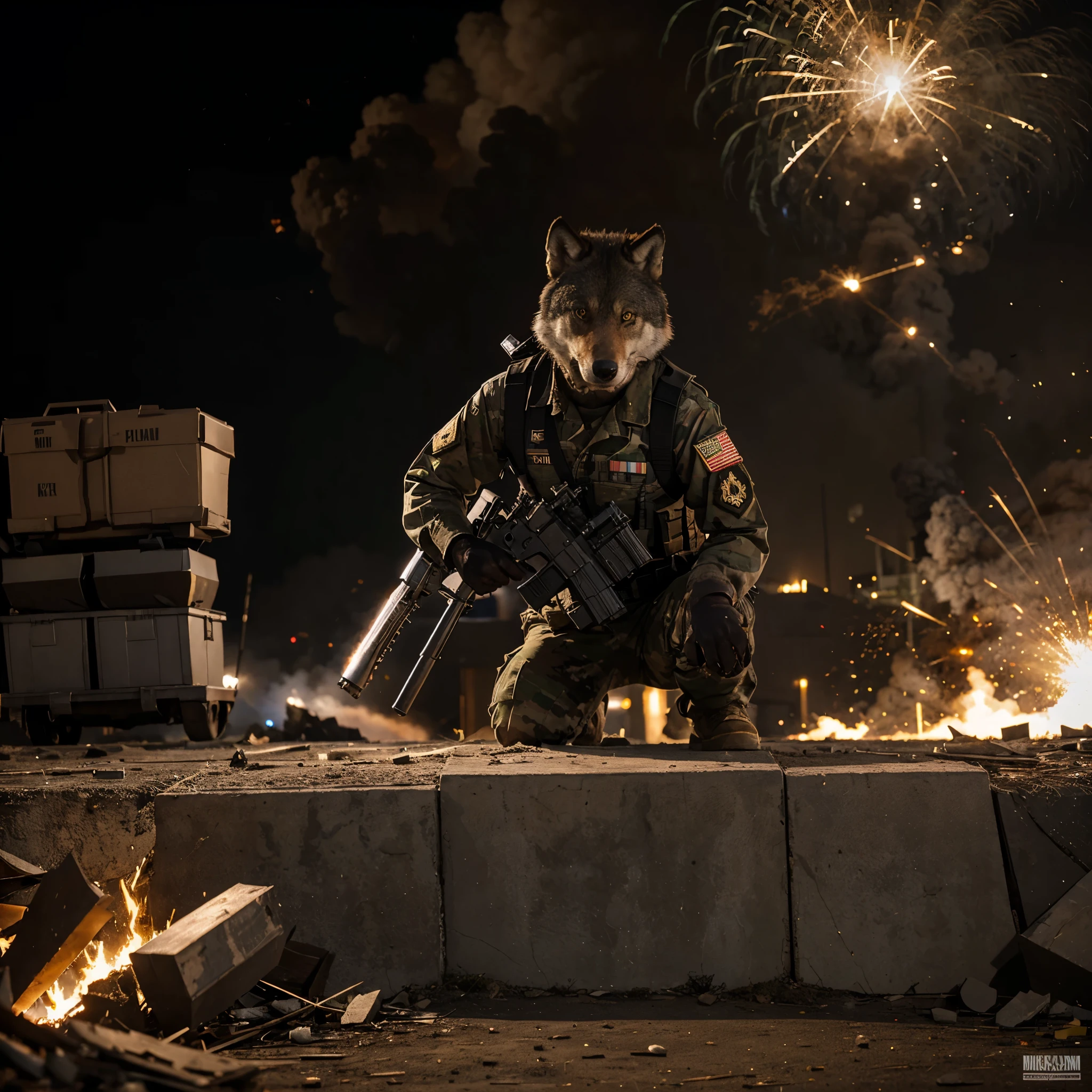 -wolf in military uniform, Against the background of an explosion, Weapons in the paws