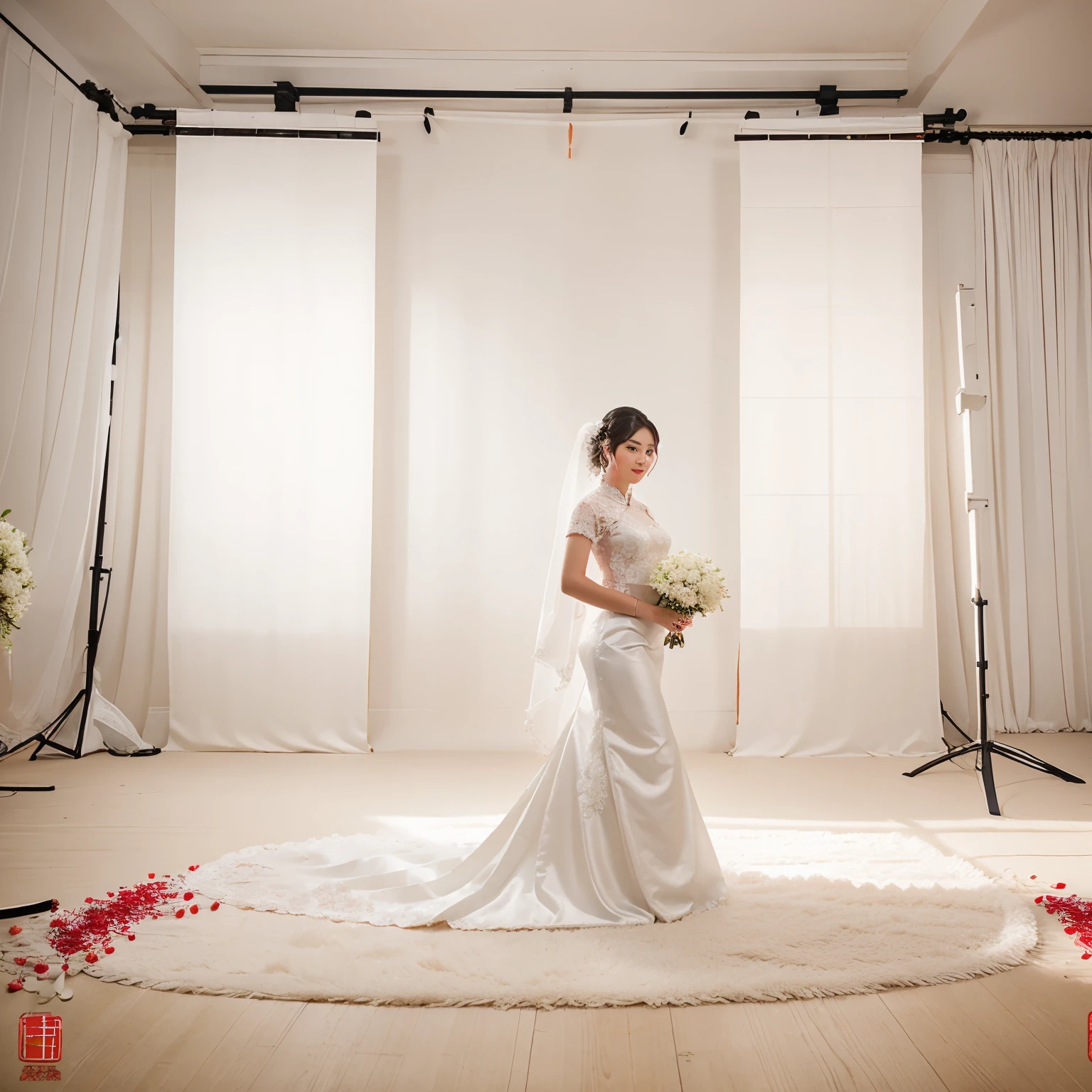 a traditional Chinese background, light and white bright for wedding photography. Back drop white for bridal portrait photo.