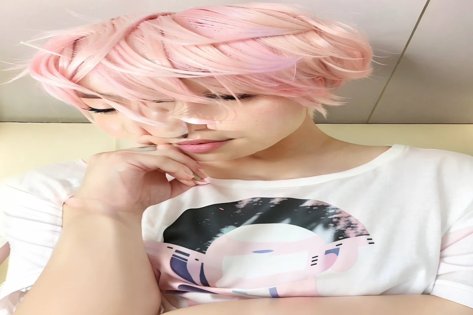 a close up of a person with pink hair and a white shirt, pink short hair, with pink hair, short pink hair, jimin\'s plump lips, pastel pink skin tone, light pink hair, ((pink)), park jimin, pink hair, cute girl with short pink hair, pink pastel, pastel pink, with short hair, jimin\'s grecian nose
