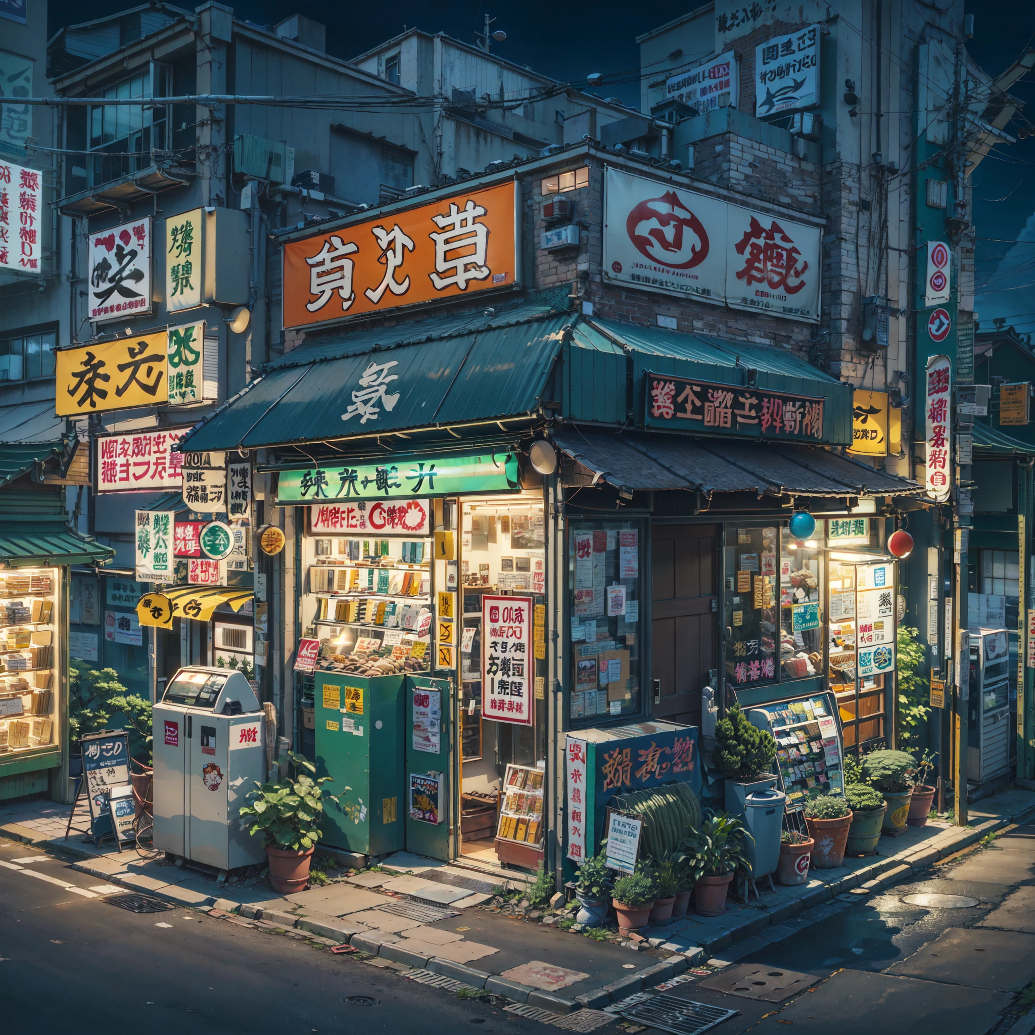 anime background, anime wallpaper, best quality, anime, anime style, anime vibe, anime scene, retro tokyo shop, 80s style japanese retro shop, shop on the side of a road where the road is overlooking the city, japan, nighttime, night time, night, dark, scene lit up from the shop, big retro japanese shop signs, japanese shop banners, japanese billboards, japanese shop signs, japanese signs, japanese banners, banners, plant pots, trash cans, air vents, gutters, telephone wires, wires, cables, air ventilation systems, (no one: 1), no one in sight, empty scene