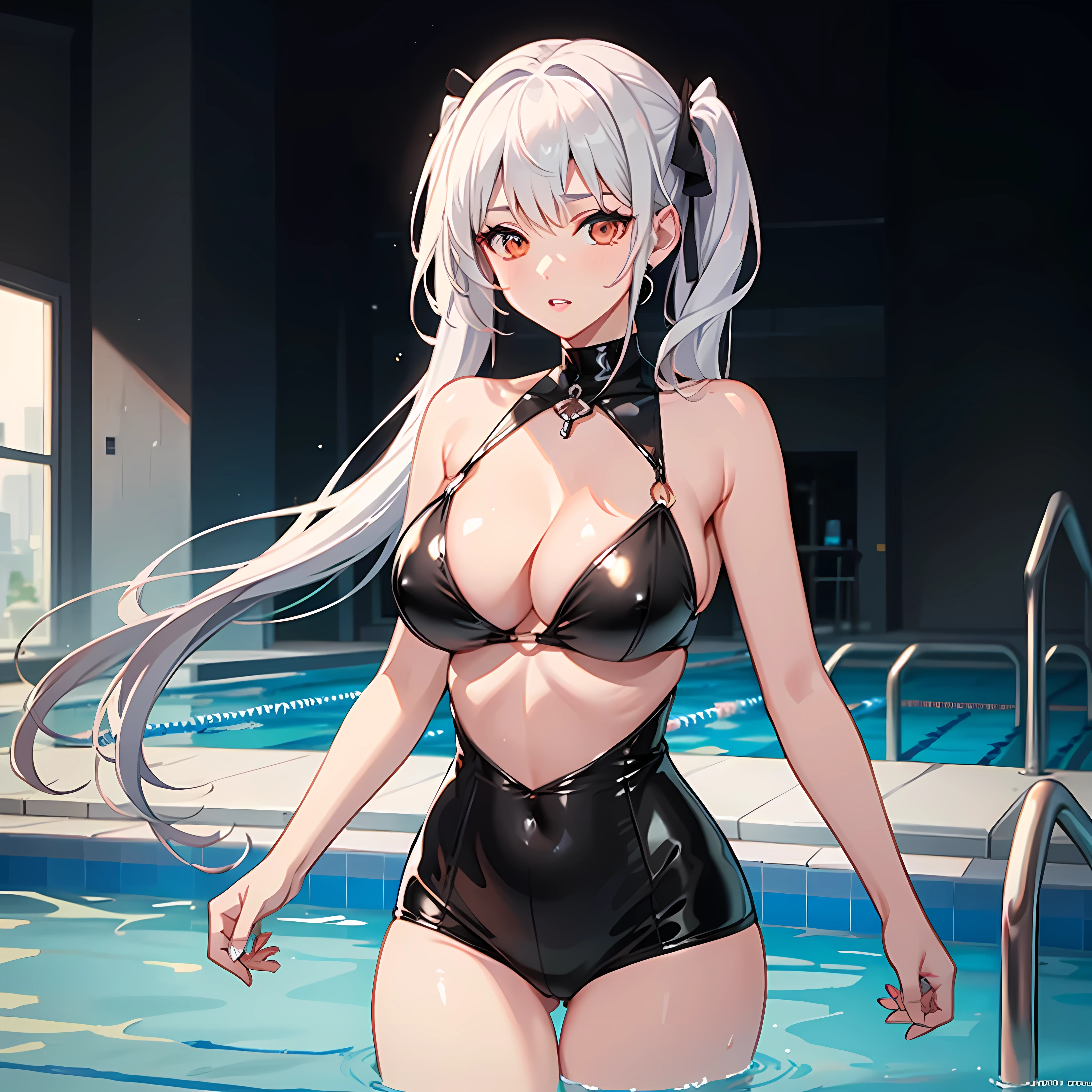 swimming pool, black latex bikini, best quality, 4K wallpaper, masterpiece, extremely detailed CG unity 8k wallpaper, ultra-detailed, intricate details, masterpiece, 1girl, white hair, pigtails, skindentation, perfect face, soft pink lips, orange eyes, large breasts, cleavage, thick thighs