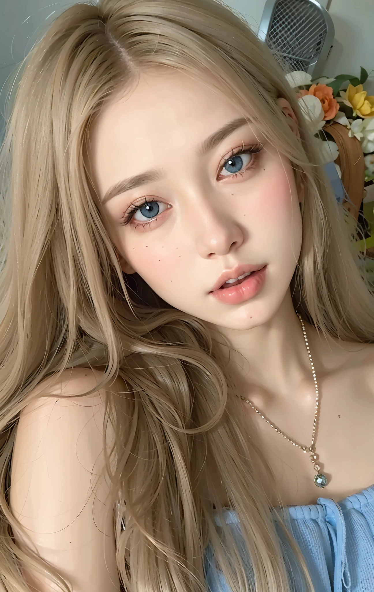 um close up de uma mulher com cabelos longos usando um vestido azul, pale porcelain white skin, fair and pale skin!!, porcelain pale skin, pale milky white porcelain skin, long cabelo loiro e olhos grandes, longos cabelos loiros e olhos grandes, beautiful pale makeup, rosto muito bonito, pale round face, cabelo loiro e olhos grandes, maquiagem suave, com cabelos longos e olhos penetrantes