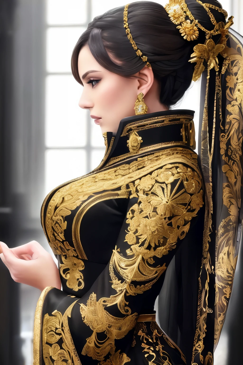 [Editorial fashion shot] of a beautiful Caucasian girl in profile view, showcasing an intricate updo adorned with gold accessories. She wears a luxurious gold-detailed gown, featuring a high collar and ornate textures, against a dark, smoky background. Dramatic lighting adds an intense and regal mood to the image. This exquisite photograph was shot on Ilford Delta 3200 film for an unforgettable visual experience.