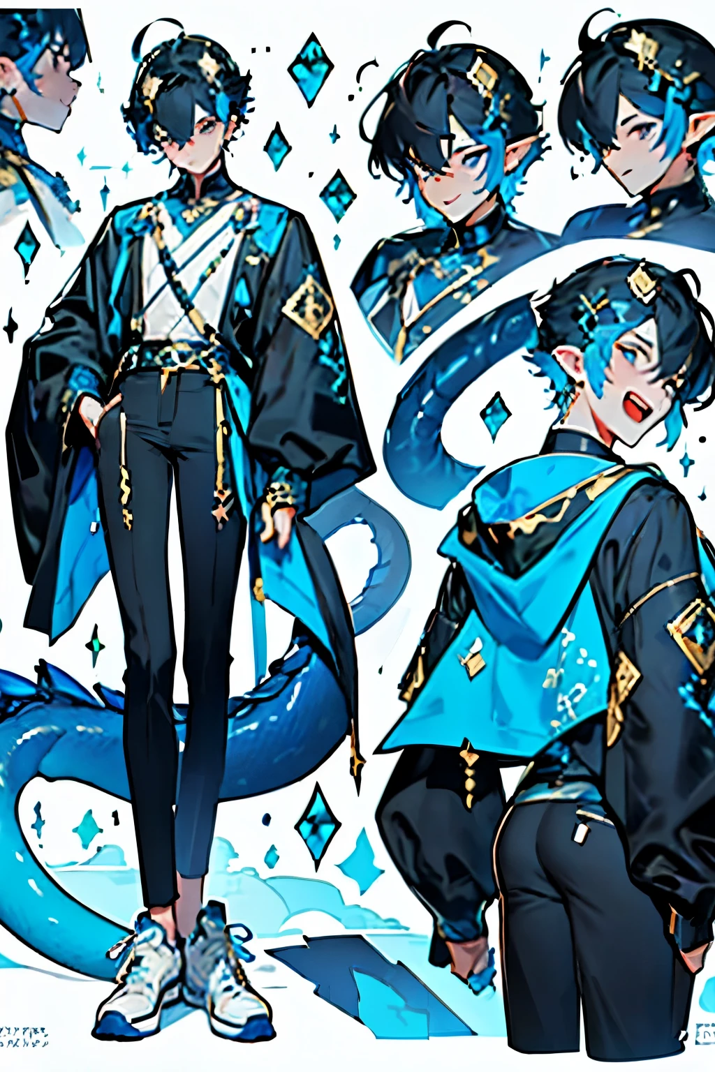 Character oc design, the same person multi-angle painting, multi-angle painting, the theme color is blue, gorgeous picture, 8K, the best picture quality, boy, dragon, tall and thin, long legs, handsome, white skin, slightly blush, elf ears, black hair clips randomly with bright blue hair, thick hair, a pair of dragon horns on the head, dragon horns are bright blue, dragon horns have crystal transparency, dragon horns are slightly reflective, the characters wear gorgeous blue and black clothes, collar blue, clothes with blue patterns, The clothes have two blue color suspenders of moderate length, the tail of the suspender has a small silver circle, long black pants, blue patterns on both sides of the pants , sneakers, shoes are mainly black as the main blue auxiliary, the surface of the shoe is decorated with a small blue star, the figure has a slender dragon tail, the tail is black and blue, standing, hands in the pocket of the jacket, squinting slightly, pupils are bright blue, diamond-shaped pupils ♢, open mouth, open mouth to smile, slightly sticking out the tongue, the tongue is blue, the expression is slightly disdainful, the expression is slightly mocking, the background is pure white.