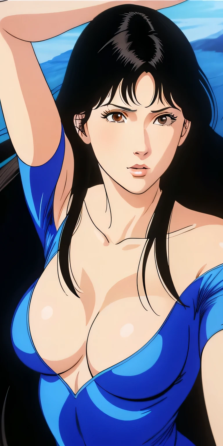 best quality, ultra detailed, realistic, Hitomi Kisugi, 1 girl, beautiful girl, long black hair, beautiful detailed eyes, beautiful detailed lips, eyelashes, gorgeous brown eyes, blue bodysuit, off the shoulder, vibrant colors, HDR, studio lighting, sharp focus, moving towards the viewer,
girl hit and knocked out, who runs away, flees, on the run,