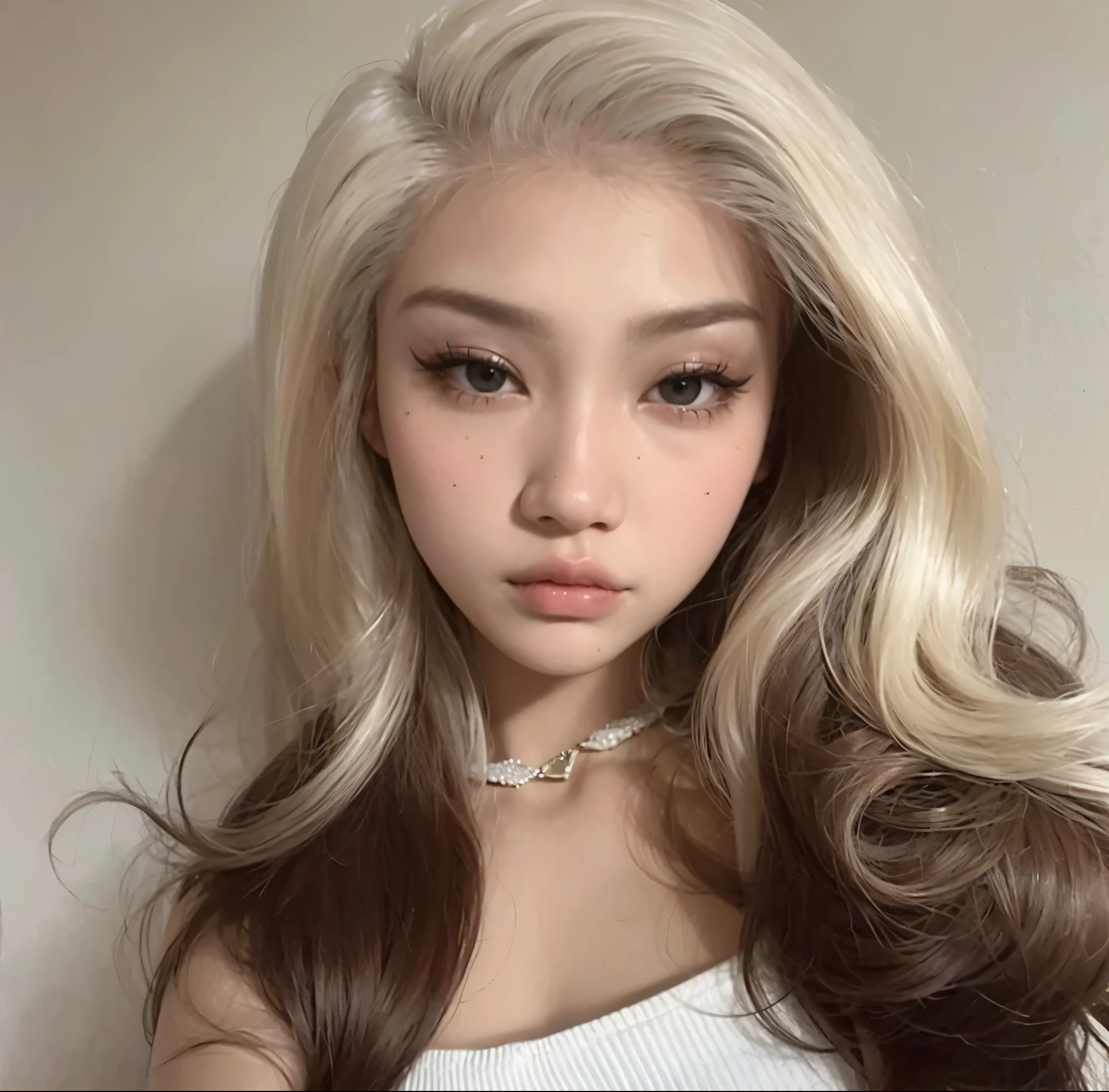 um close up de uma mulher com cabelos longos e um colar, her hair is white, com cabelos longos brancos, cabelo loiro extremamente claro, penteado com corte hime branco, morena com cabelos tingidos de loiro, cabelo loiro muito claro, cabelo de duas cores, com longos cabelos brancos, half asian, com longos cabelos loiros, Yanjun Chengt, cabelo loiro e prateado