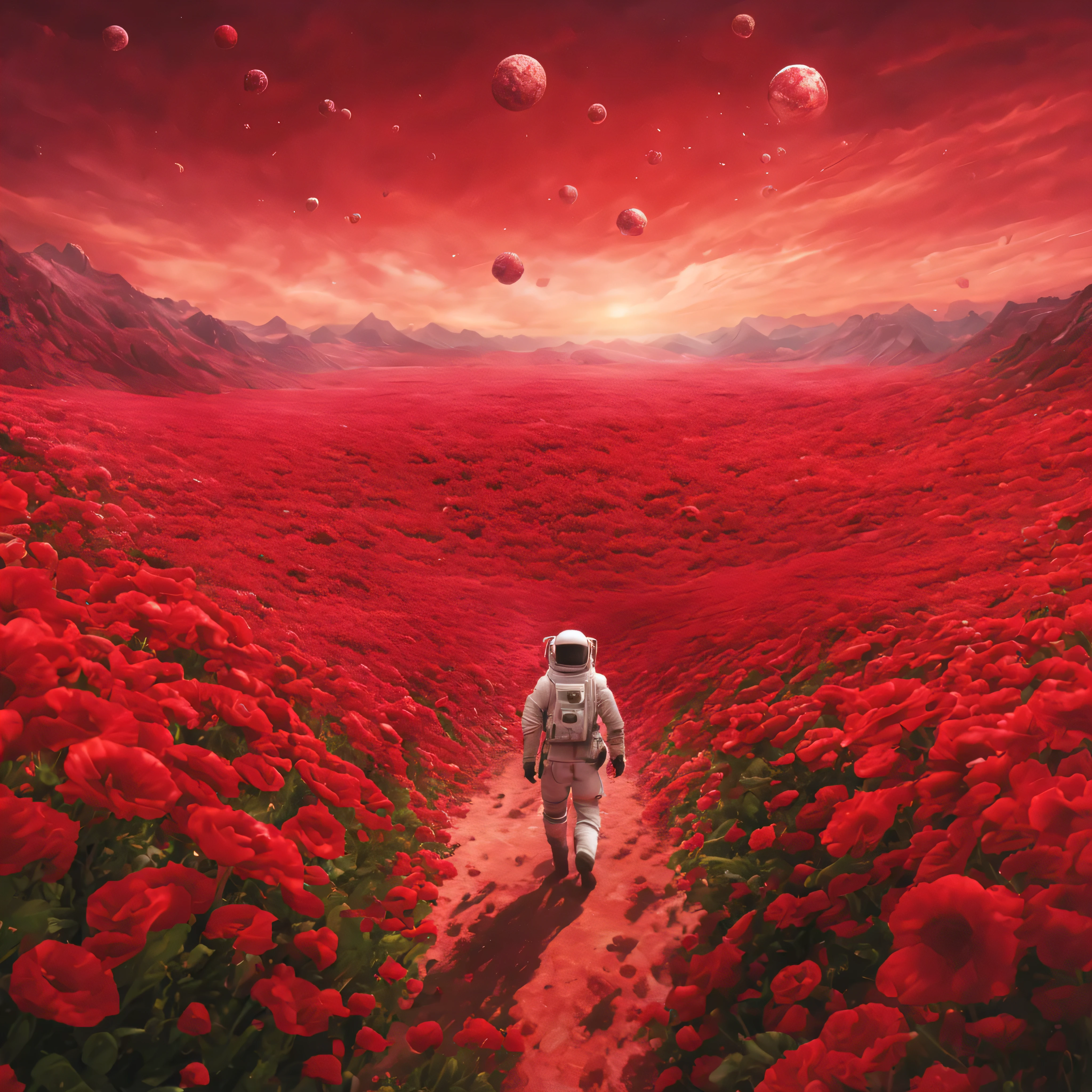 
create a digital matte painting of a huge field of red flowers in the shape of red hearts, a male astronaut in a white space uniform is walking in the center of the vast field of flowers and looks directly at the planet Earth in the sky, no fundo da pintura fosca. destaque o planeta terra na pintura.