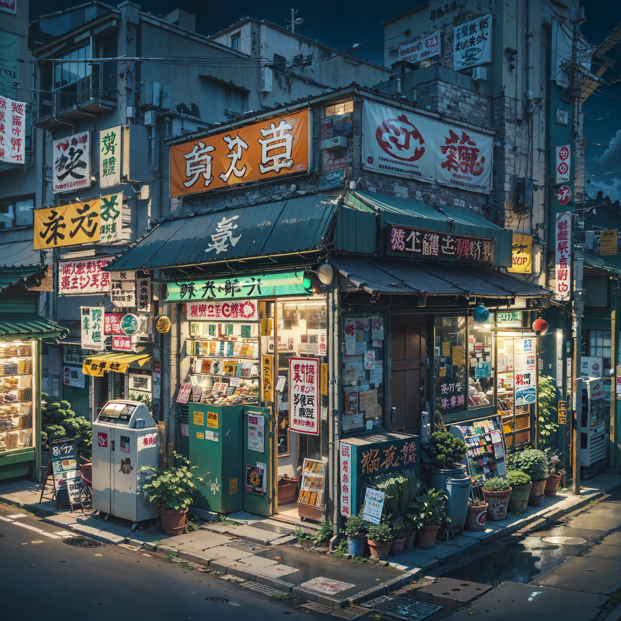 anime background, anime wallpaper, best quality, anime, anime style, anime vibe, anime scene, retro tokyo shop, 80s style japanese retro shop, shop on the side of a road where the road is overlooking the city, japan, nighttime, night time, night, dark, scene lit up from the shop, big retro japanese shop signs, japanese shop banners, japanese billboards, japanese shop signs, japanese signs, japanese banners, banners, plant pots, trash cans, air vents, gutters, telephone wires, wires, cables, air ventilation systems, (no one: 1), no one in sight, empty scene
