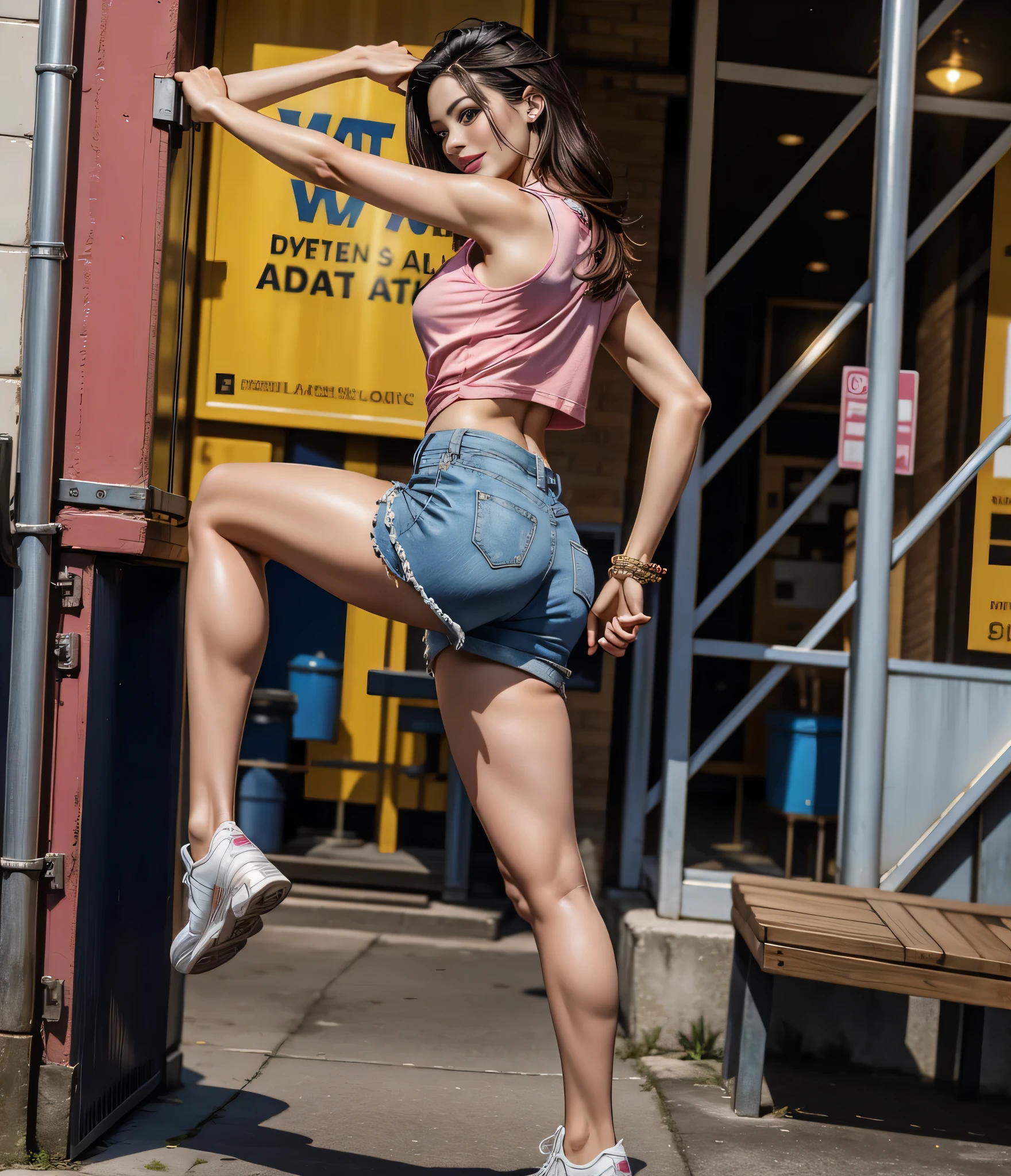 ((realistic face, seductive, adult look)), (pink pink shirt, black underwear, short clothes), (pink long hair, pink Nike sneakers), (22 years), (1 girl), (4k style))