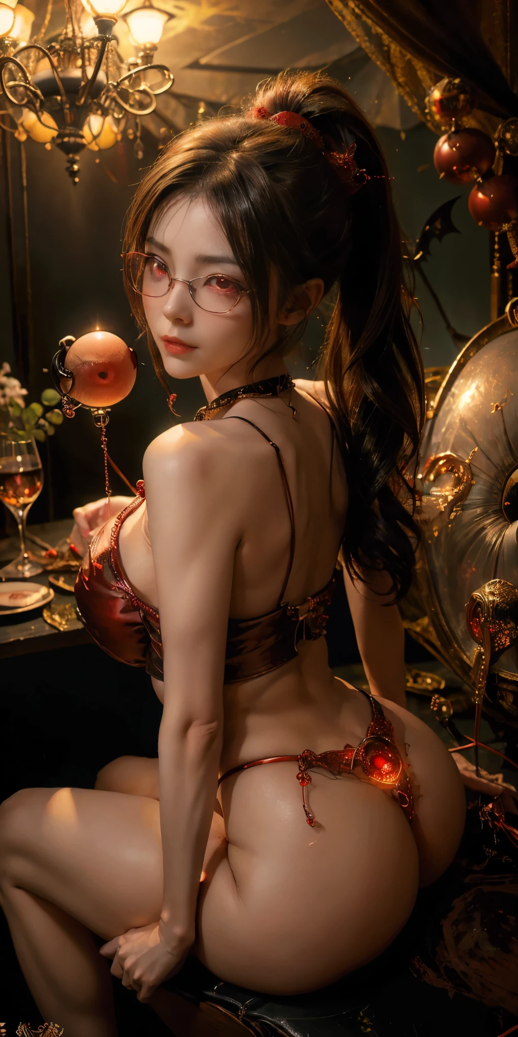 (The best illustrations)、realisitic、ultra-detailliert、The best lighting、Best Shadows、Soft lighting、Dungeon and Dragon、caves、Dungeon、 A Necromancer、natta、Dark style、Succubus、Devil's Daughter、Bat Wings，(((Demon Hornlack-rimmed round glasses))))、(((Colossal tits)))、(Devil's Tail)、(red eyes glowing:1.6)、​masterpiece、beautiful countenance、Tindall Effect、photos realistic、(High Detail Skins:1.2) absurderes、Ponytail distortion、best ratio four finger and one thumb、jewely、Beautiful expression、Toned waist、Wide buttocks、Tindall Effect