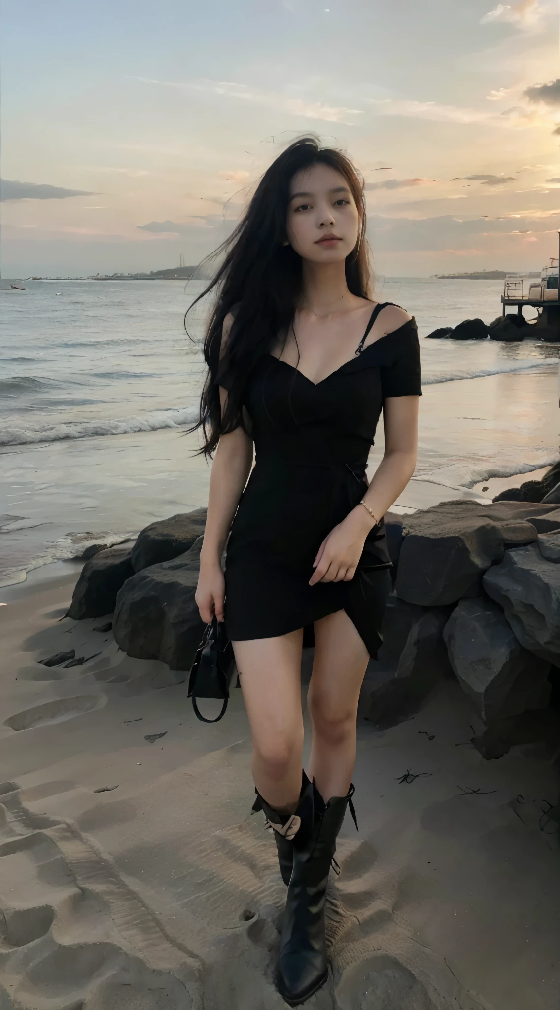 (A girl: 1.3), long black hair, standing, facing the observer, wearing a long black dress, black high-heeled boots, outdoor, seaside, beach, sunset, girl tall, beautiful, dressed conservatively, mature, smaller neckline, short sleeves