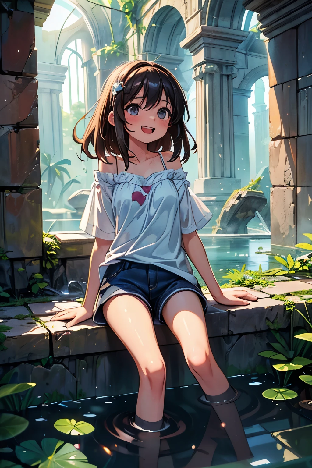((Masterpiece)), ((best quality)), (Professional Photography), (Photorealsitic:1.3), 1girl, cute teenage girl, laughing, (Oversized camisole), (silky Hair), medium hair, sparkle eyes, (place hand on hip), shortpants, water dripping, Light particles, (sitting Flooded ancient ruins cityscape), Beautiful and clear waterside,