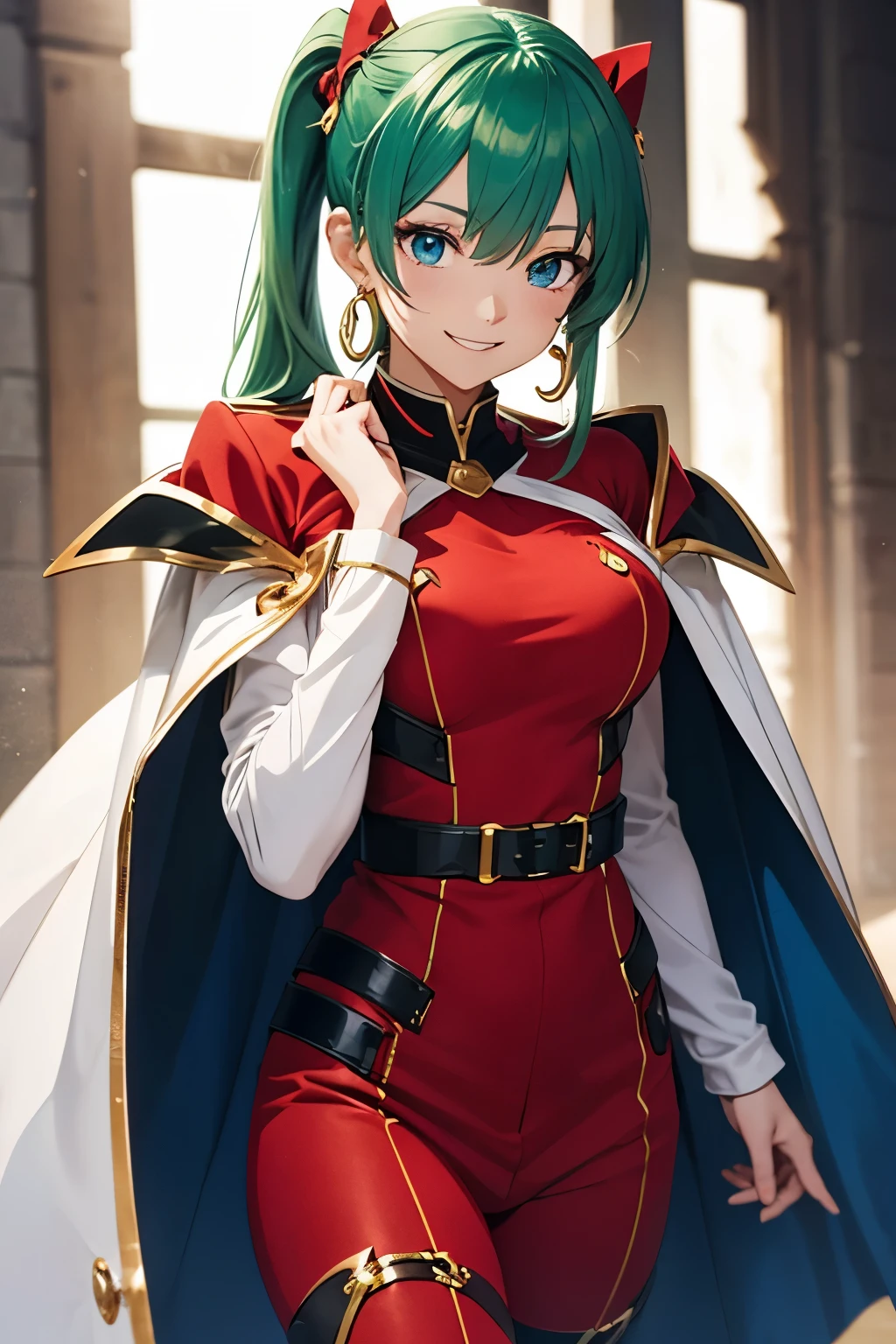 Anime style, female character, (((red clothes))), green hair, side ponytail, golden triangle earrings, blue eyes, beautiful smile, white cape covering the bust, white long boots, detailed, 8k, high quality, emotional effects, anime style