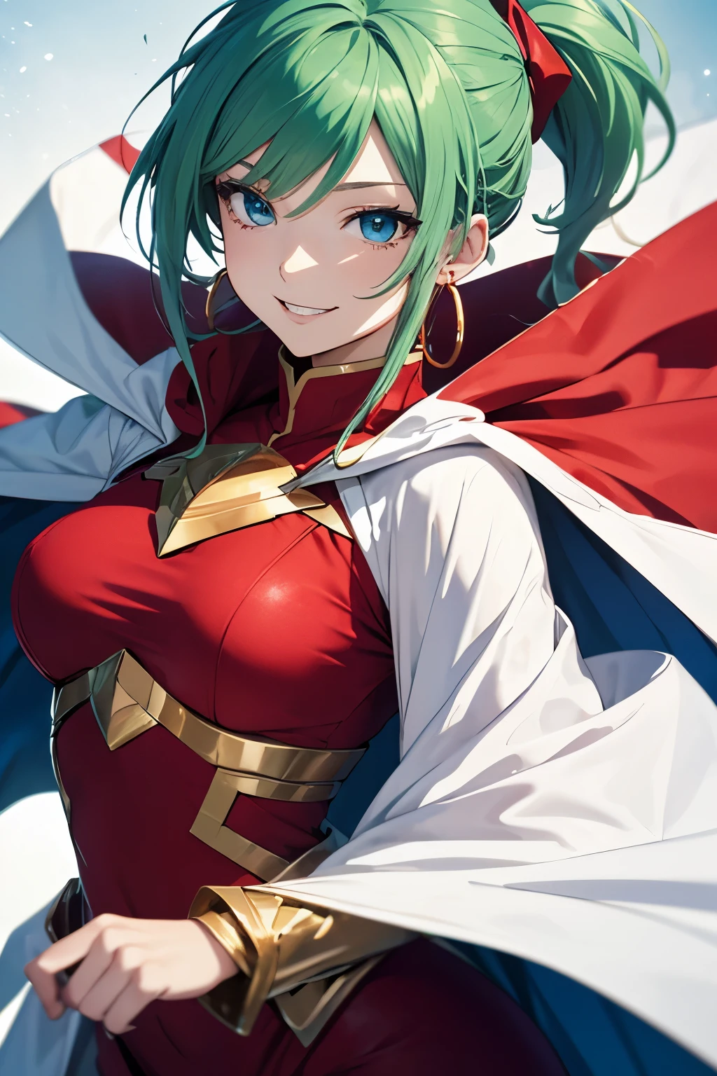 Anime style, female character, (((red clothes))), green hair, side ponytail, golden triangle earrings, blue eyes, beautiful smile, white cape covering the bust, white long boots, detailed, 8k, high quality, emotional effects, anime style