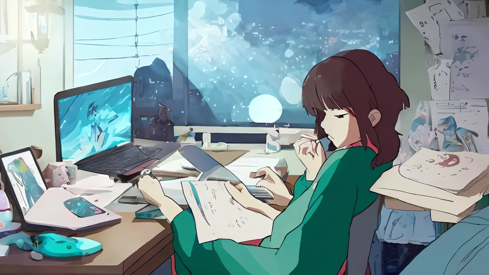 Anime character sitting at a desk with a laptop and headphones, praise girl, praise artstyle, praise girl aesthetic, praise art, praise feel, style in ghibli anime, satoshi kon artstyle, praise hip hop, praise colors, chihiro! fujisaki, praise vibes, praise vibe, praise