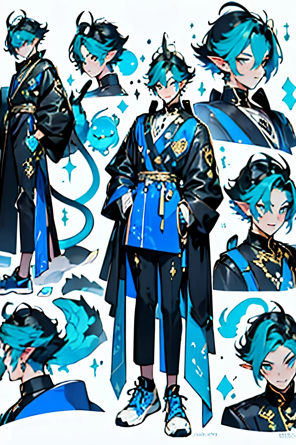 Character oc design, the same person multi-angle painting, multi-angle painting, the theme color is blue, gorgeous picture, 8K, the best picture quality, boy, dragon, tall and thin, long legs, handsome, white skin, slightly blush, elf ears, black hair clips randomly with bright blue hair, thick hair, a pair of dragon horns on the head, dragon horns are bright blue, dragon horns have crystal transparency, dragon horns are slightly reflective, the characters wear gorgeous blue and black clothes, collar blue, clothes with blue patterns, The clothes have two blue color suspenders of moderate length, the tail of the suspender has a small silver circle, long black pants, blue patterns on both sides of the pants , sneakers, shoes are mainly black as the main blue auxiliary, the surface of the shoe is decorated with a small blue star, the figure has a slender dragon tail, the tail is black and blue, standing, hands in the pocket of the jacket, squinting slightly, pupils are bright blue, diamond-shaped pupils ♢, open mouth, open mouth to smile, slightly sticking out the tongue, the tongue is blue, the expression is slightly disdainful, the expression is slightly mocking, the background is pure white.
