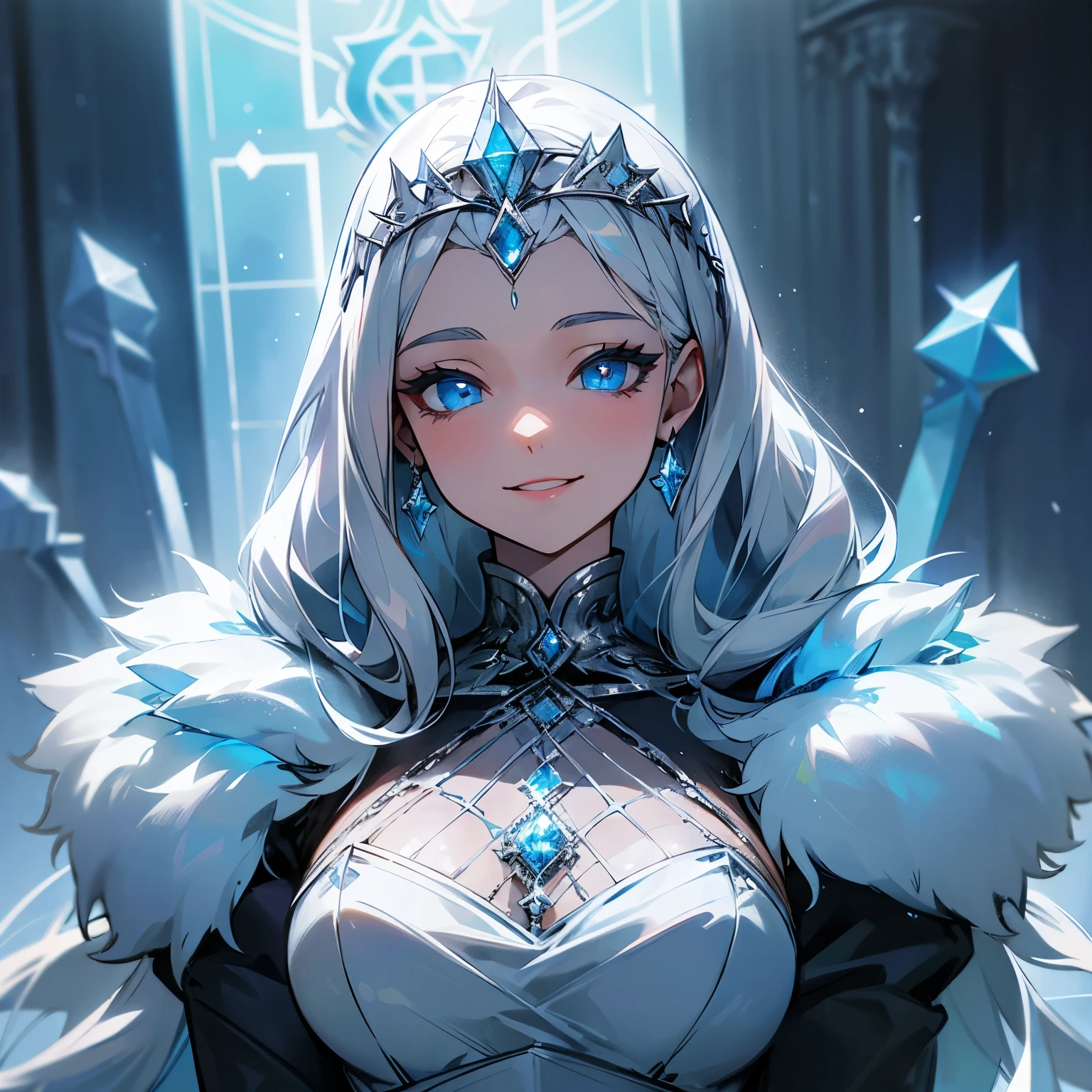 Amara Corvinas, house Stark: teenager, very beautiful, smiling, elegant, Long silver-white hair, ice blue eyes, silver tiara with winter blue roses in hair and symbols of house Stark on sliver blue diamond fur dress.