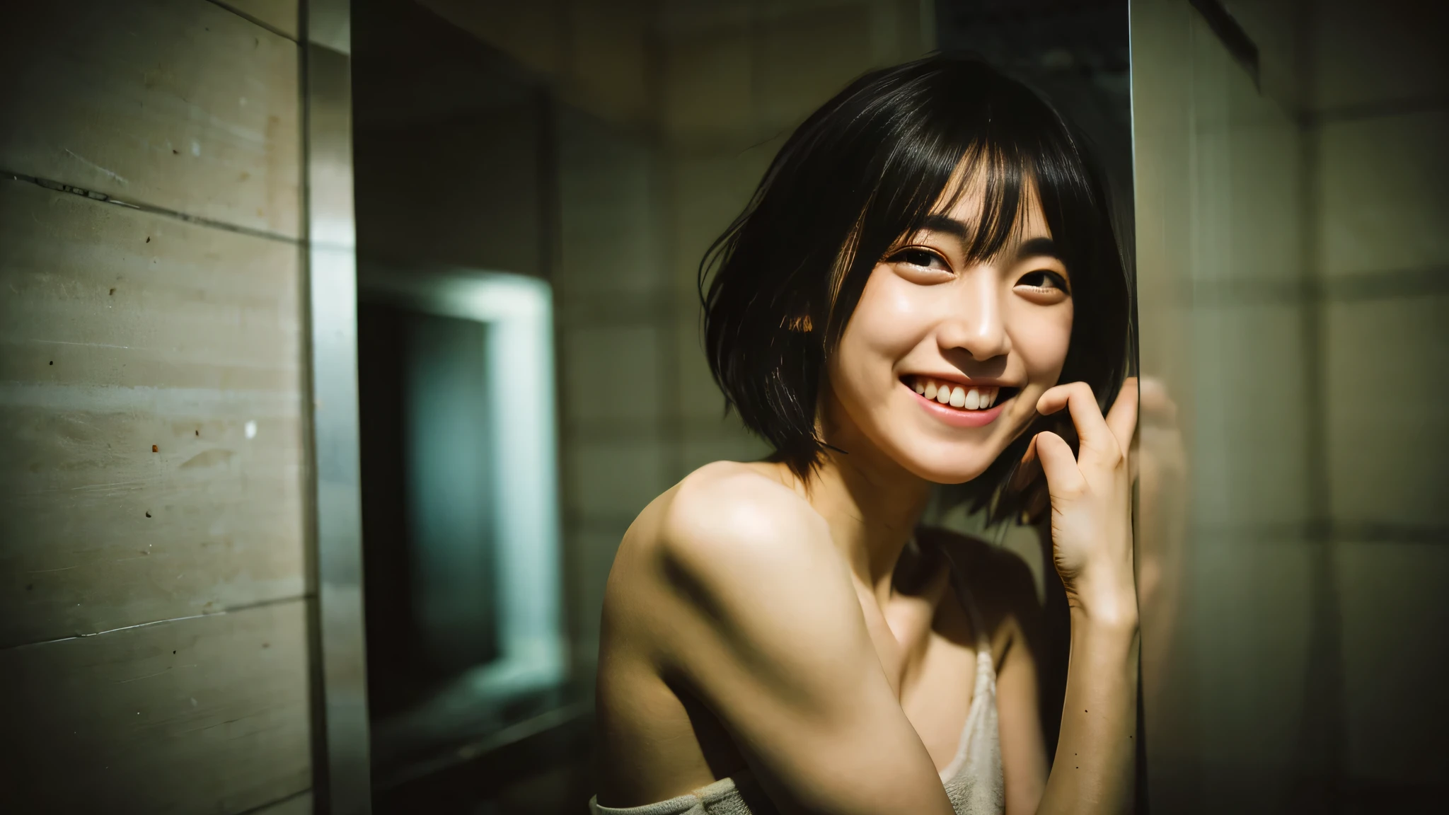 1 girl, Idol, photograph, clavicle, Depth of written boundary, skin texture , gentle smile, short hair, messy hair,Bathroom, Lots of steam, whole body, moonlight comes in, Showa of Japan