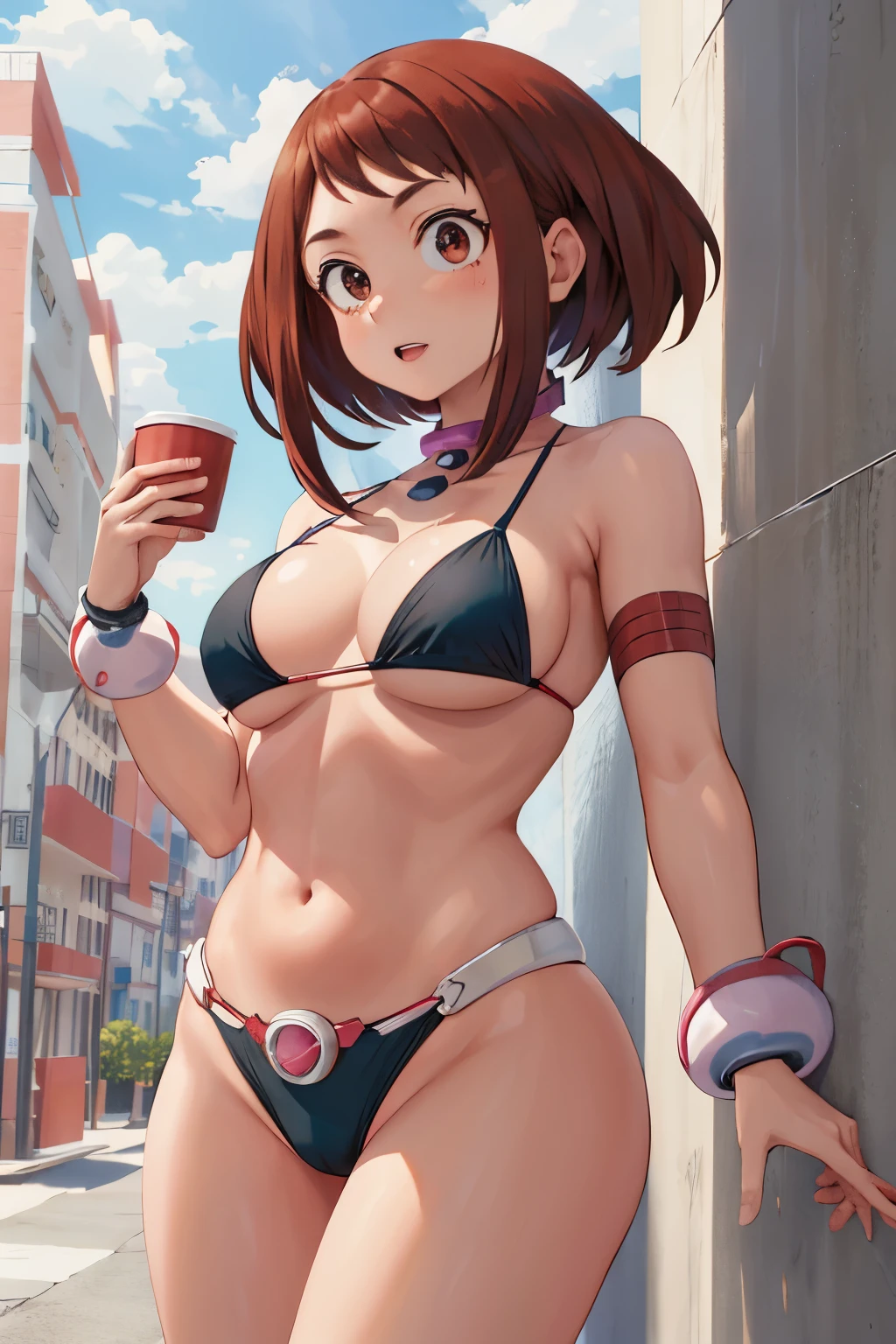 obra maestra, Mejor calidad, high resolution, hmochako, sonrojo pegatinas, cabello corto, pechos medianos, Super Hero, Restos, micro bikini, ochako