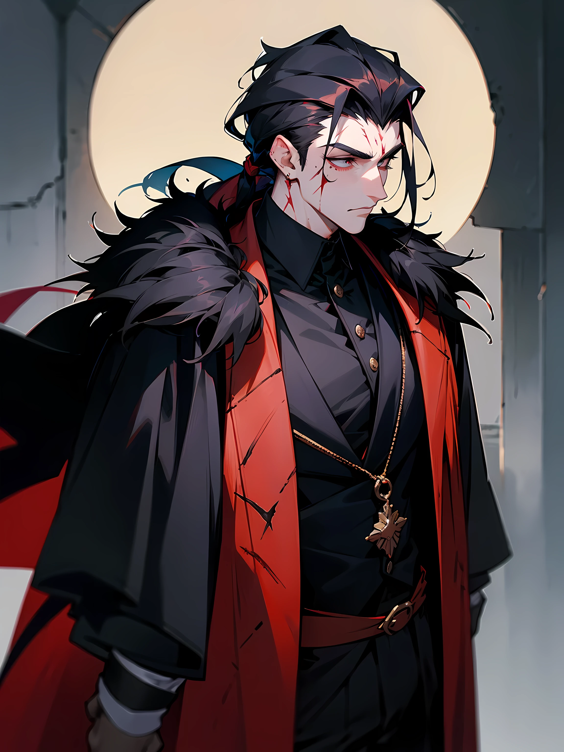 1male, adult, black hair, slickback hair, scar on face, bloody, fur coat, black shirt, medival city, goatee