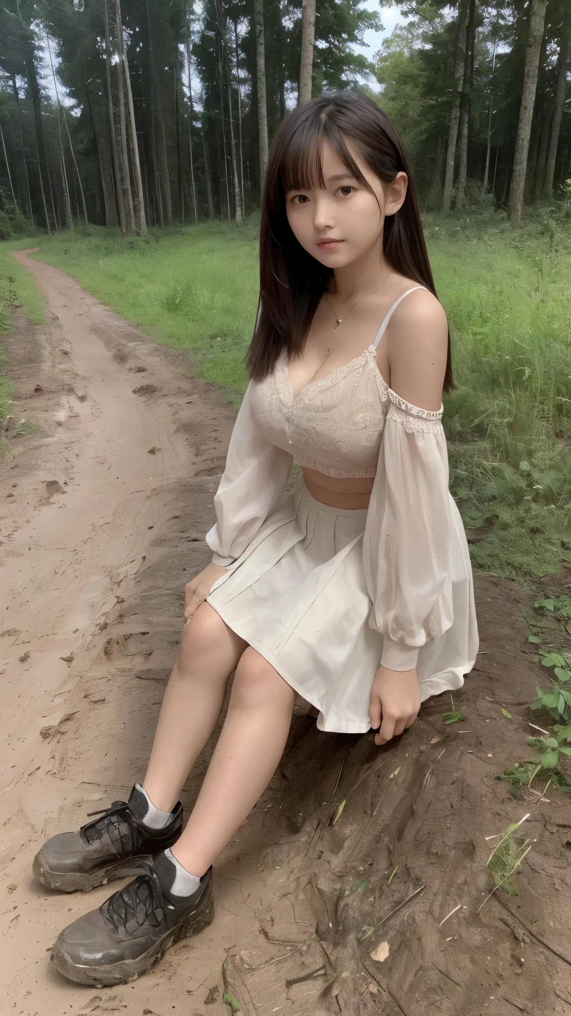 (Masterpiece, Best Quality: 1.2), High Detail Face, 1 , baby face, should hair, wearing short bra, huge breast, cleavage, wearing short skirt. Shoes muddy, muddy road, a forest with muddy paths. (full body), (long shot angle). Ultra high res.realistic:1.4,UHD