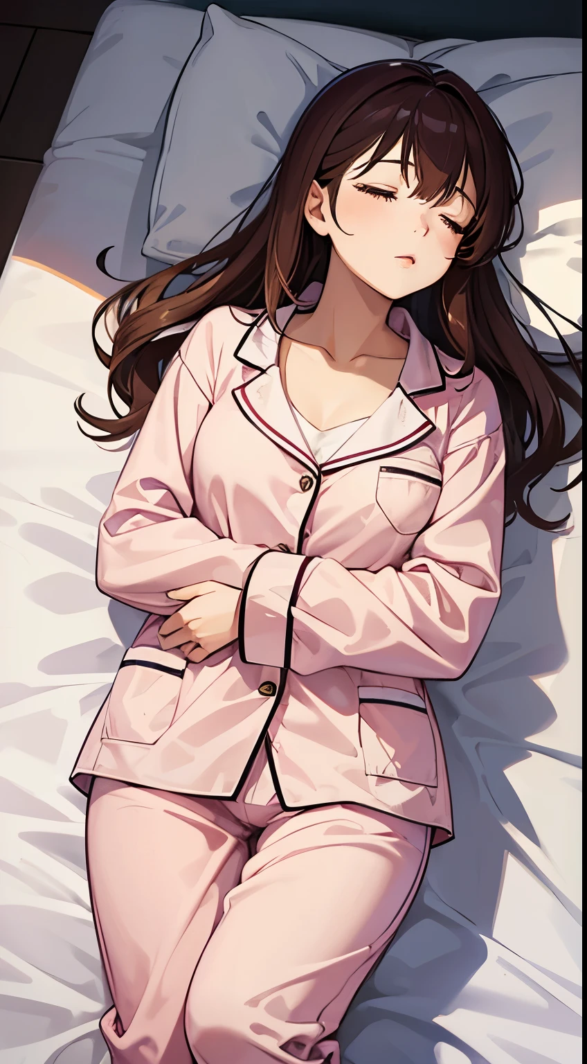 Sleeping girl, 22 years old, realistic, she is wearing pink long pajama, brown hair.