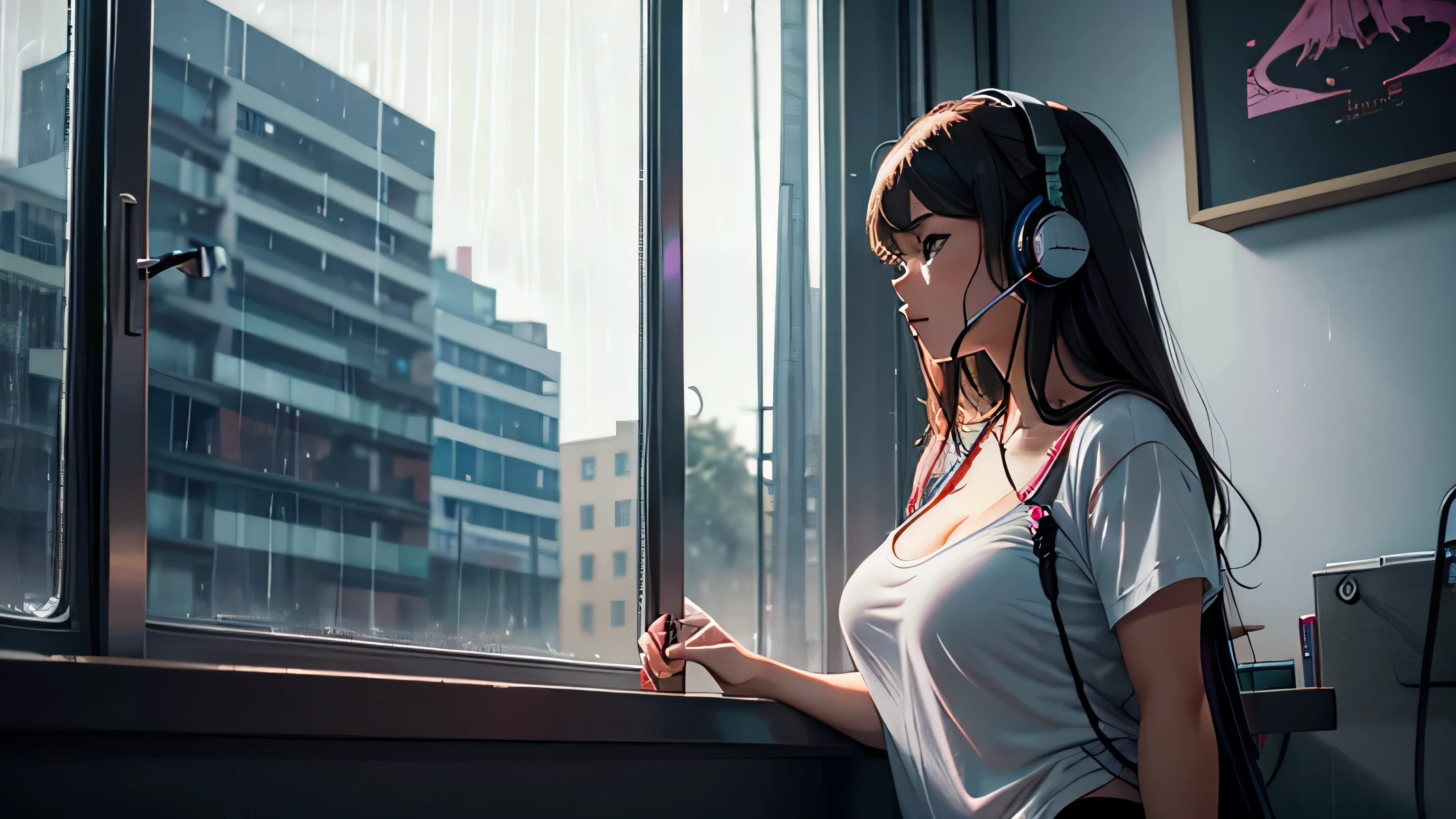 portlate、512、Lo-Fi(Lo-Fi)、solo Girl sitting on a chair with headphones on、getting undressed to take a shower、City view outside the window , night view, raining thunderstorm Early evening、Pastel colors、Painting, 18 years old. naked