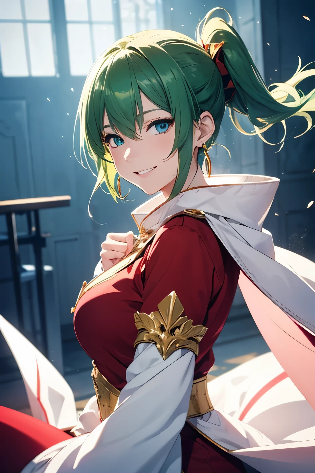 Anime style, female character, (((red clothes))), green hair, side ponytail, golden triangle earrings, blue eyes, beautiful smile, white cape covering the bust, white long boots, detailed, 8k, high quality, emotional effects, anime style