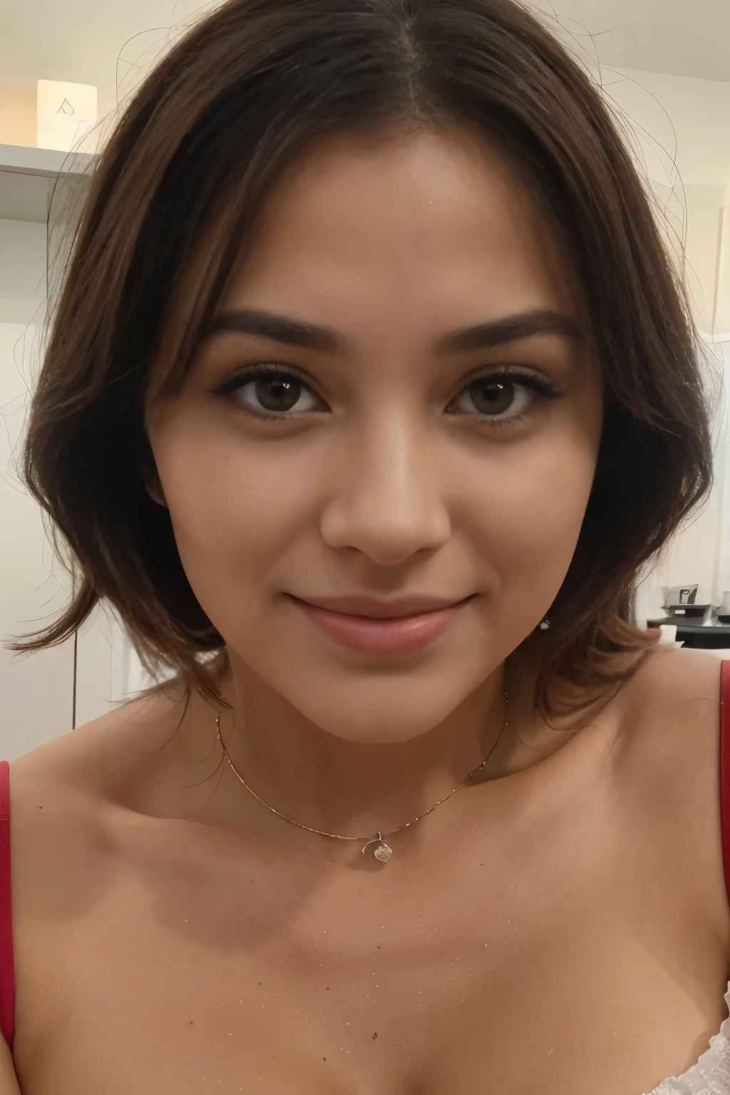 mulher de aproximadamente 27 anos, Latin appearance, cabelos cacheados e longos, olhar marcante, pequeno sinal no queixo, sorridente