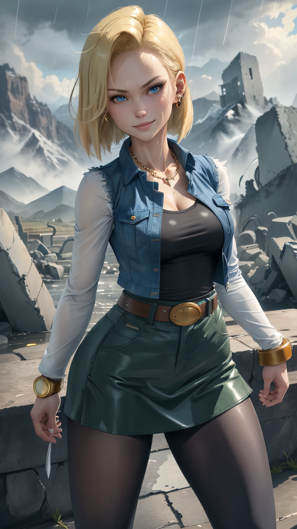 best quality, highres, and18, 1girl, android 18, solo, blonde hair, blue eyes, belt, tight blue demin skirt, gold_necklace, bracelet, closed fists, black shirt, short hair, long sleeves, earrings, open vest, denim vest, medium breasts, cowboy shot, mountains, straight-on, (weather: raining and windy), wet clothes, fierce smile, combat stance, full length pantyhose, battle ruins, wide hips, thick legs, wet body,