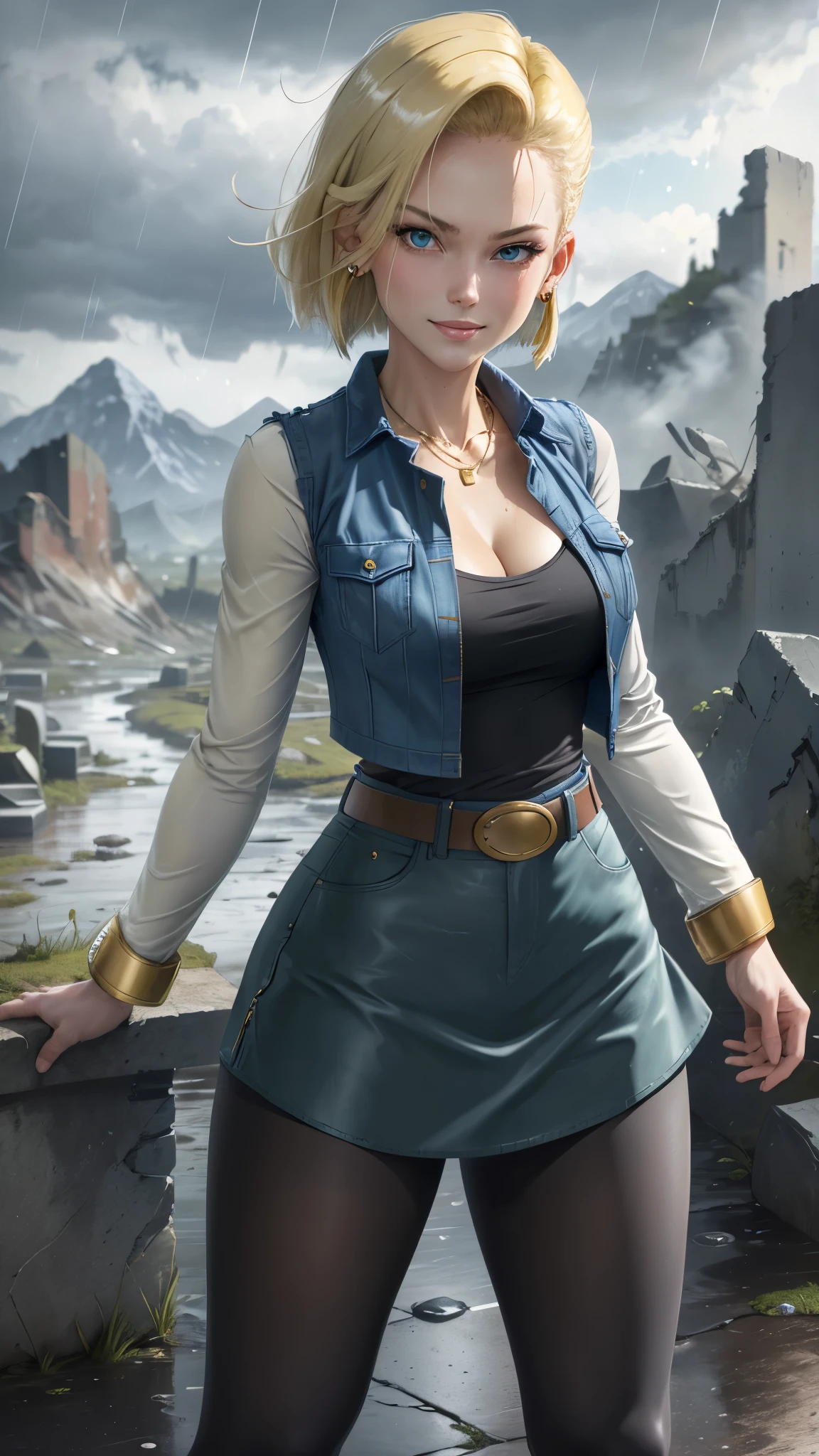 best quality, highres, and18, 1girl, android 18, solo, blonde hair, blue eyes, belt, tight blue demin skirt, gold_necklace, bracelet, closed fists, black shirt, short hair, long sleeves, earrings, open vest, denim vest, medium breasts, cowboy shot, mountains, straight-on, (weather: raining and windy), wet clothes, fierce smile, combat stance, full length pantyhose, battle ruins, wide hips, thick legs, wet body,