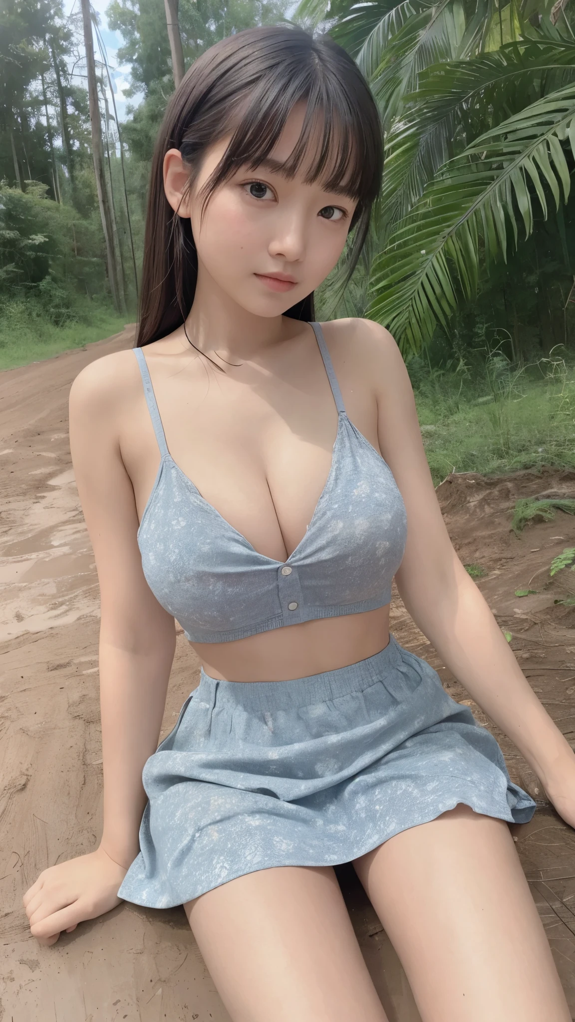 (Masterpiece, Best Quality: 1.2), High Detail Face, 1 girl ************, baby face, shoulder length hair, wearing short bra, huge breast, cleavage, wearing short skirt. Dirty muddy |full body muddy, short bra muddy, skirt muddy|, muddy road, a forest with muddy paths. (full body), (long shot angle). Ultra high res.realistic:1.4,UHD