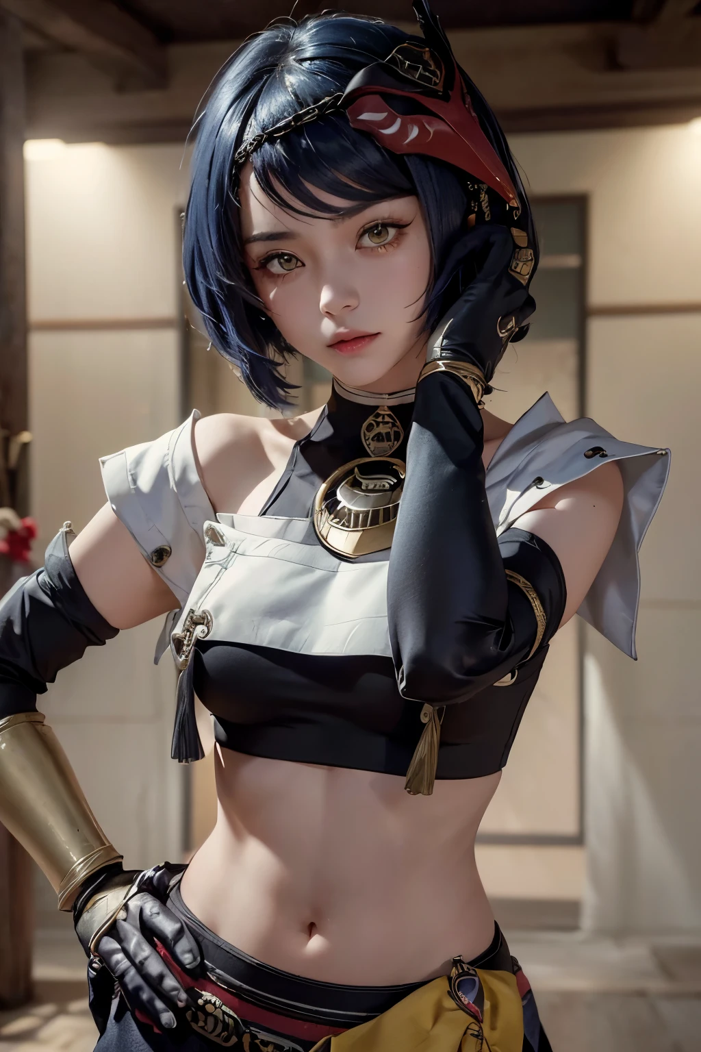 1girl, ((midriff, navel)), looking at viewer, japanese dojo, (cinematic lighting, best quality, masterpiece, hand on hips, high skin details, best quality, highres, HD, 4K, 8k, super detail), (kujou sara:1.3), mask on head, blue hair, short hair, yellow eyes, tassel, gloves