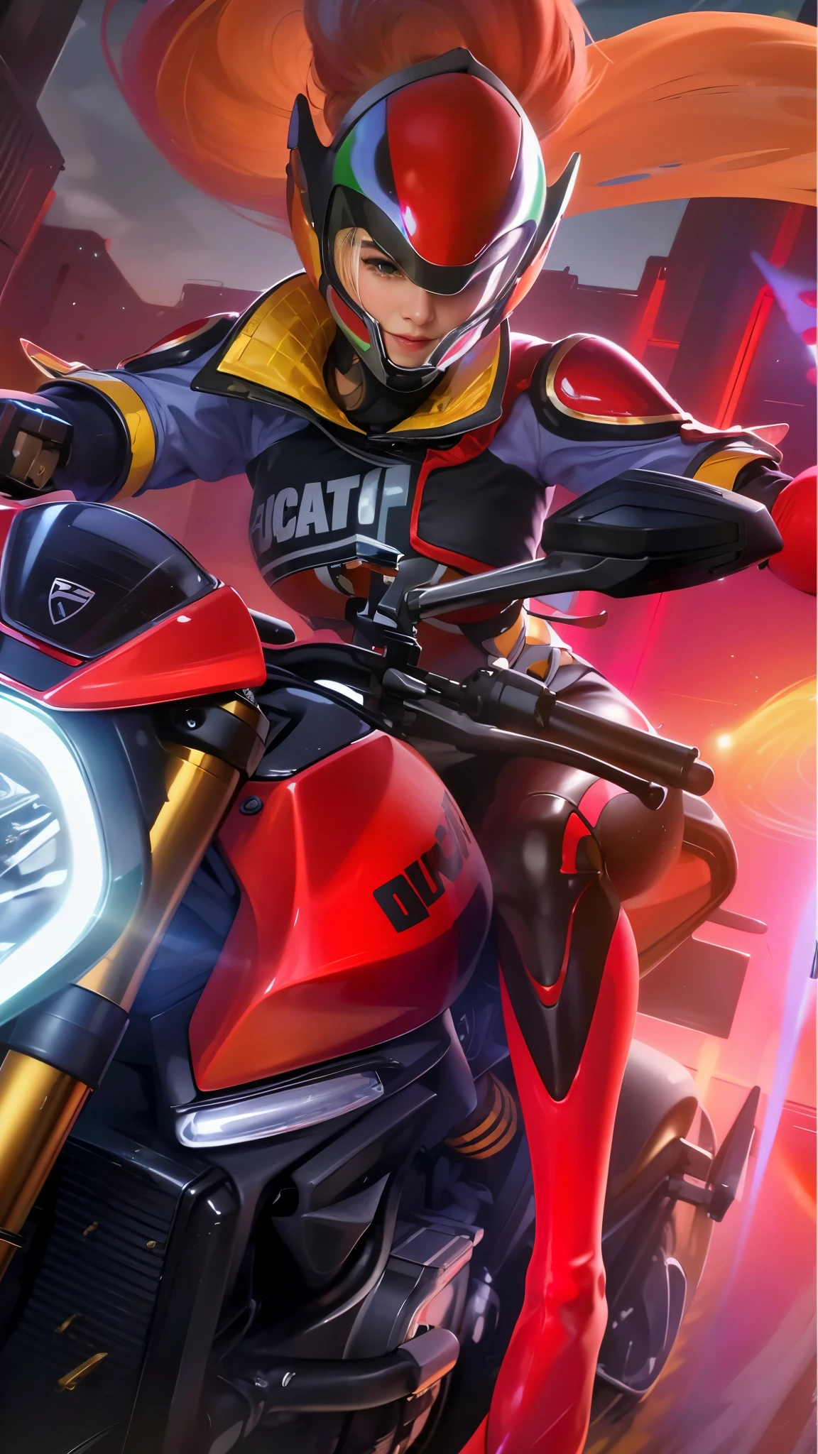 (8k, RAW photo, photorealistic:1.25) ,( lipgloss, eyelashes, gloss-face, glossy skin, best quality, ultra highres, depth of field, chromatic aberration, caustics, Broad lighting, natural shading,) looking at viewer with a serene and goddess-like happiness, wear a helmet
