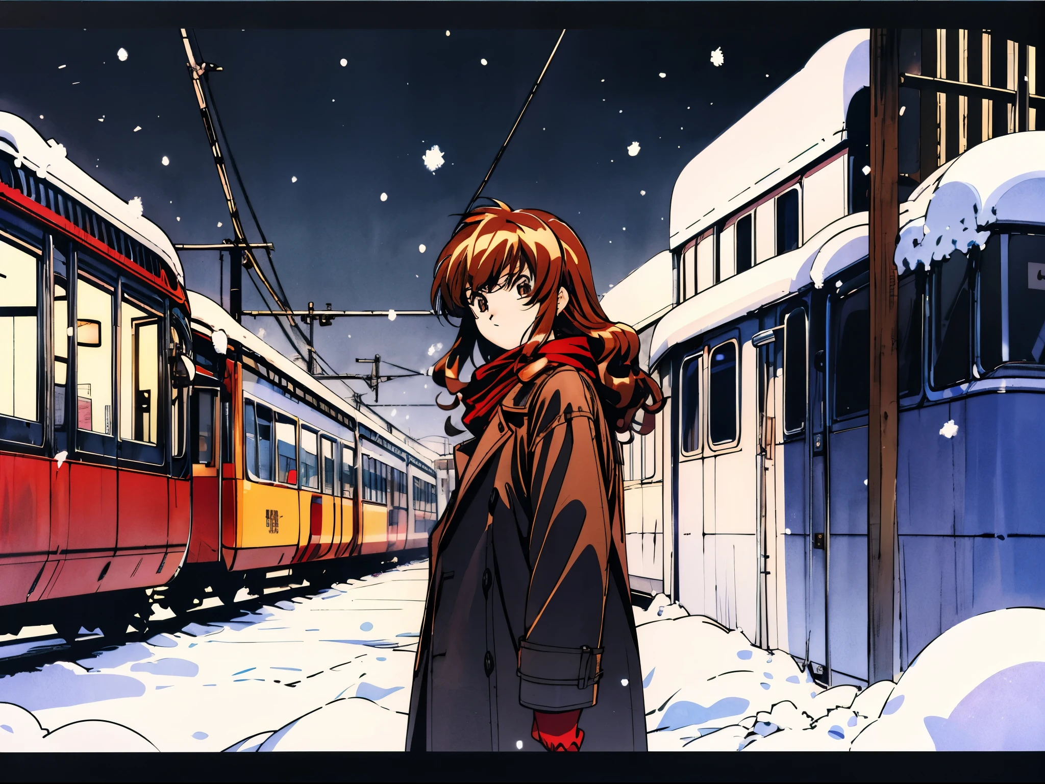 Taiga Aisaka standing by a train station on a cold snowy night, VHS, winter, (snow), vintage, manga style, black background, (bangs), coat, 1girl, scarf, dark, light brown hair, wavy hair, eyes closed