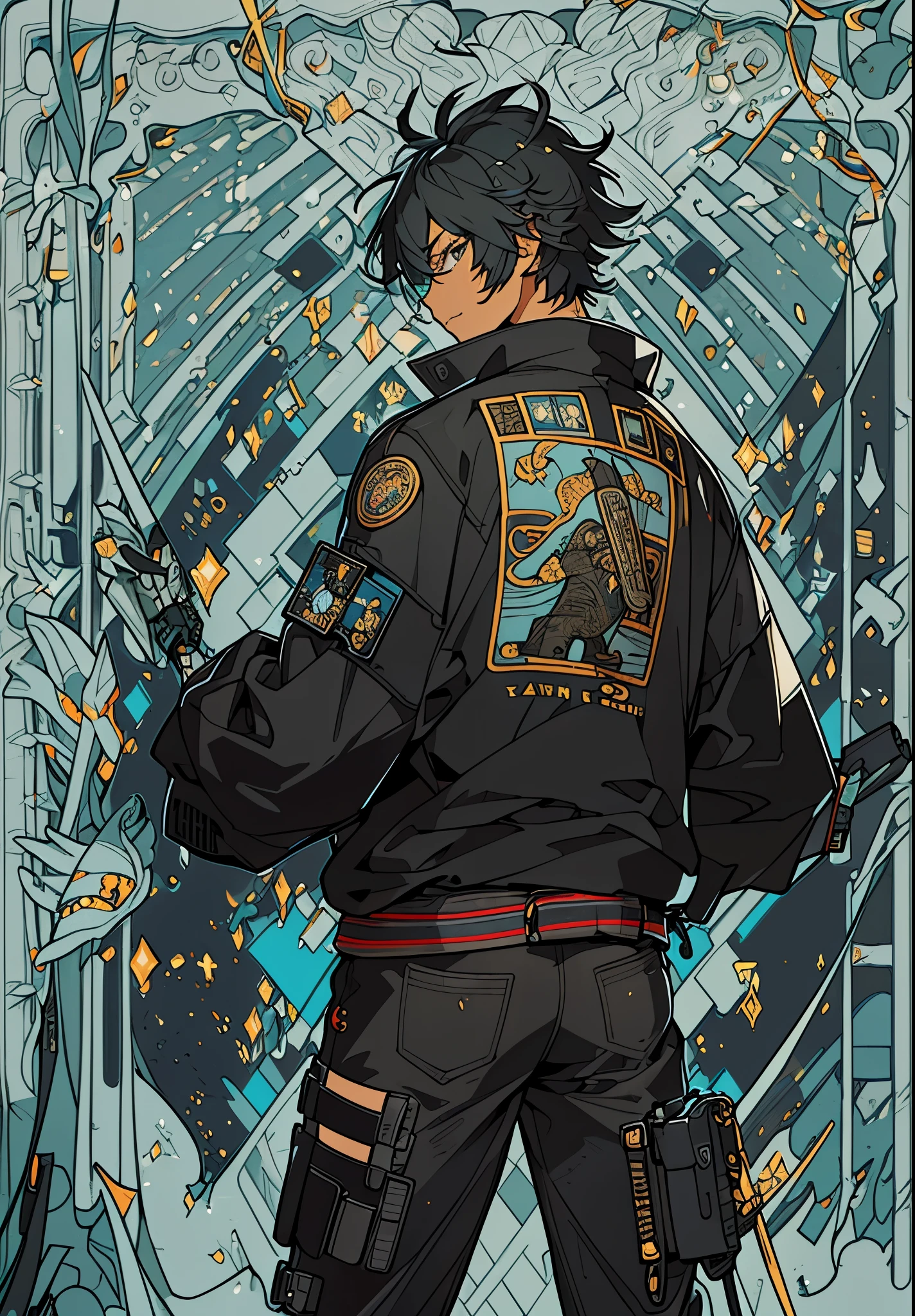 Ultra-detailed,high resolution,Ultra-detailed,Best quality,amazing,quality,intricate details,Extremely detailed CG unified 8k wallpaper,tarot cards,black hair,black skin,Draw a male character,dressed in a black jacket,cyberpunk characters,Cyber Samurai,black eyes,The background is a collapsing city,Turn your back to the camera