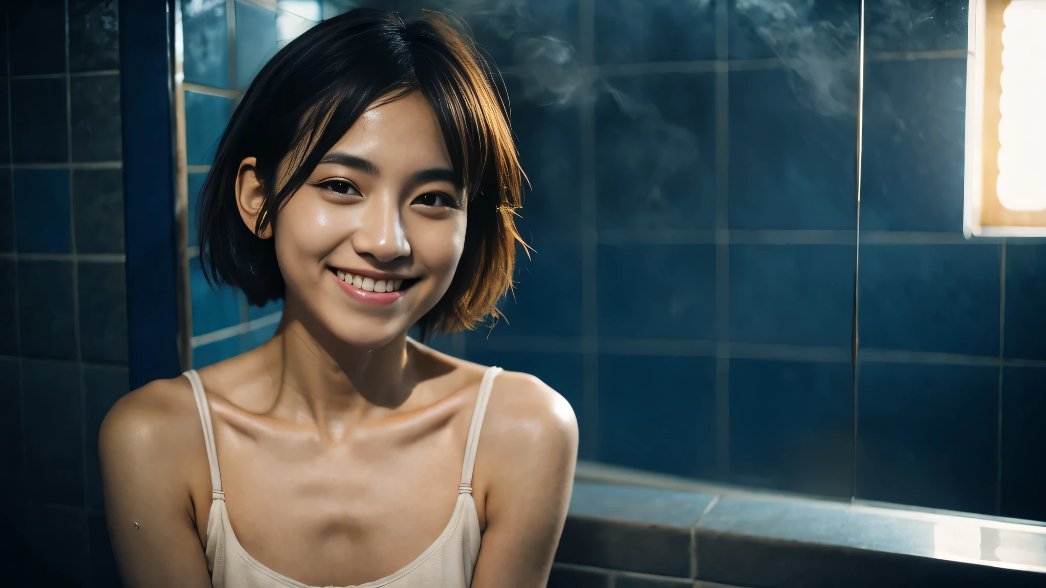 1 girl, Idol, photograph, clavicle, Depth of written boundary, skin texture , gentle smile, short hair, messy hair,Bathroom, Lots of steam, whole body, I'm wrapping a towel around my body, moonlight comes in, Showa Japan, Fuji color