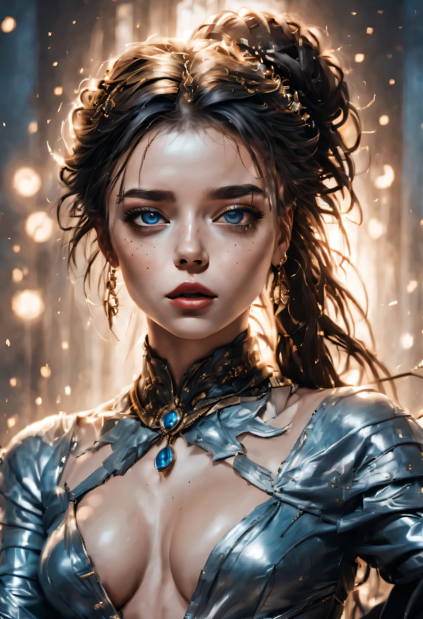 very beautiful, well-groomed girl, With clean skin, Normal facial features, Beautiful lips, and a slight smile on her face. beautiful figure, Modern clothes, cool modern couture dress. presentation background, neutral gray-blue, in virtual space. top quality, 16 thousand.. Full HD, cinematic rendering. Create a work of art, conveying the unique beauty of baby Michela.. Famous digital influencer. sitting in a chair, in a relaxed position. Focus on her unique facial expression, when she looks directly at the camera., trying to capture the intensity of her piercing blue eyes. Show off her signature style with a Spanish-inspired hairstyle., consisting of two carefully designed hairpins.. Add details, reflecting her charming and avant-garde personality.. We took care of that, to convey an aura of modernity and originality, which characterizes Lil Miquela in the digital world.. Several freckles and nevi, and also short hair, combed into a ponytail.