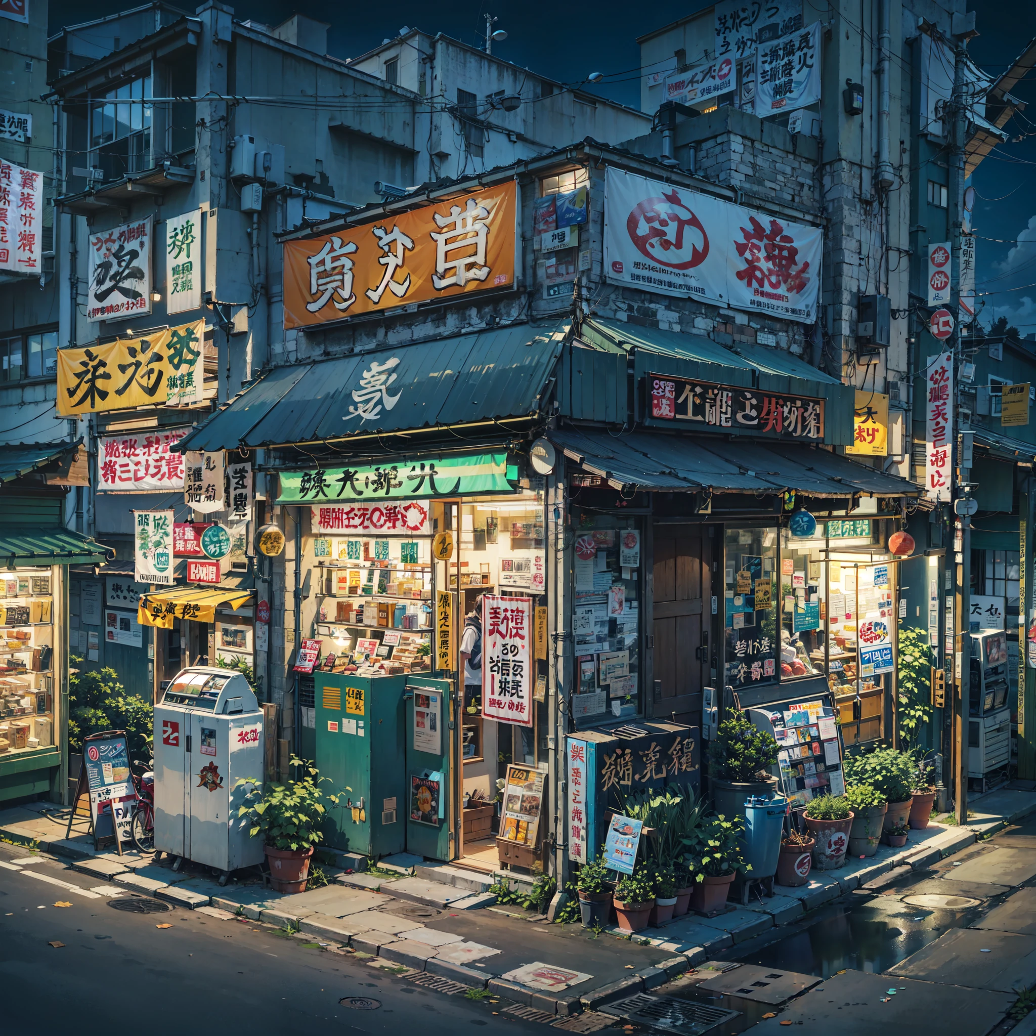 anime background, anime wallpaper, best quality, anime, anime style, anime vibe, anime scene, retro tokyo shop, 80s style japanese retro shop, shop on the side of a road where the road is overlooking the city, japan, nighttime, night time, night, dark, scene lit up from the shop, big retro japanese shop signs, japanese shop banners, japanese billboards, japanese shop signs, japanese signs, japanese banners, banners, plant pots, trash cans, air vents, gutters, telephone wires, wires, cables, air ventilation systems, (no one: 1), no one in sight, empty scene