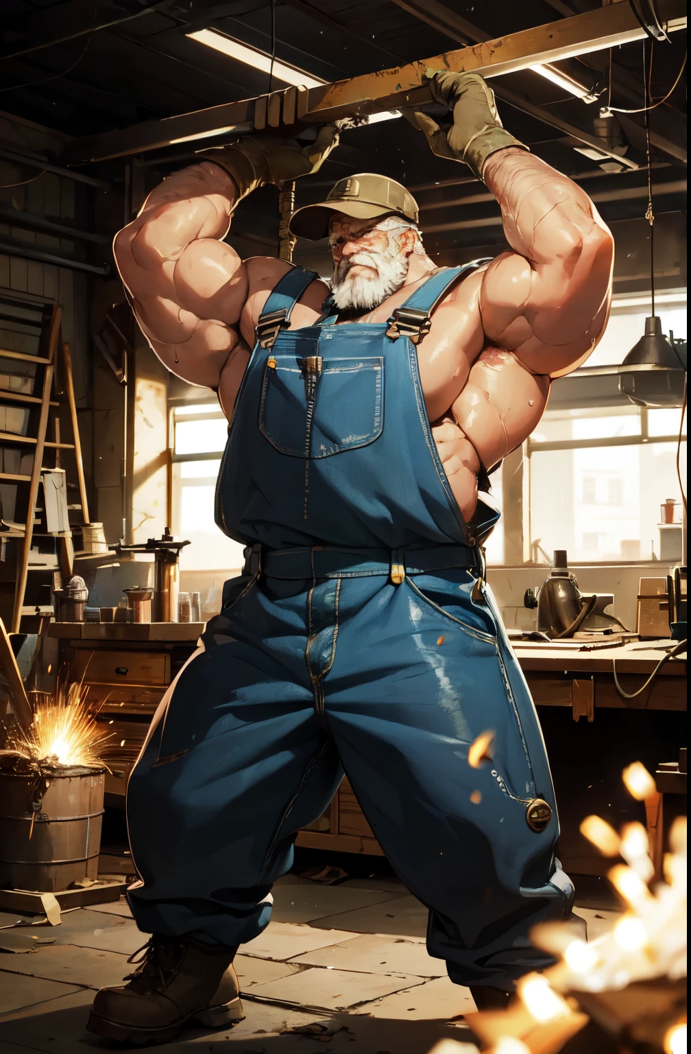 muscular old man, tall, towering, flexing his arms, mechanical worker, detailed face, strong arms and hands, oil-covered overalls, worn-out tools, greasy machinery, heavy-duty equipment, diligent expression, hard hat, tool belt, imposing stance, industrial setting, dimly lit workshop, sparks flying, intense focus, rough and calloused hands, muscular physique, sweat dripping, dirty and smudged face, aged with wisdom, worn-out boots, confident demeanor, experienced craftsman, powerful presence, worn-out work gloves, dedication to craftsmanship, vintage machinery, oil stains, precision and accuracy, vintage goggles, welding sparks, high-res details, rustic charm, sturdy and robust, atmospheric lighting, bronze tones, masculine energy, huge biceps and forearms