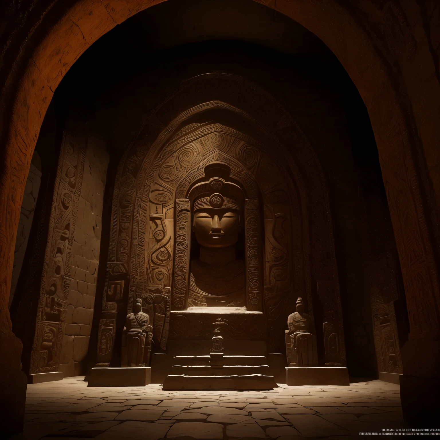 There is a striking statue of a man wearing a distinctive hat in the dimly lit confines of a cave, reminiscent of a still image from a CGSociety Film. With the Inca-themed Quetzcoatl art style, this life-size sculpture exudes a sense of ancient wisdom and inspiring grandeur, reminiscent of the ruins of the giant head statues often encountered in Incan lore. Set against a backdrop of intricately carved stone walls, this masterpiece is akin to the creations of the master artist Karel Dujardins, incorporating smooth transitions and harmonious proportions. Witness this wondrous work of art as a travel announcement