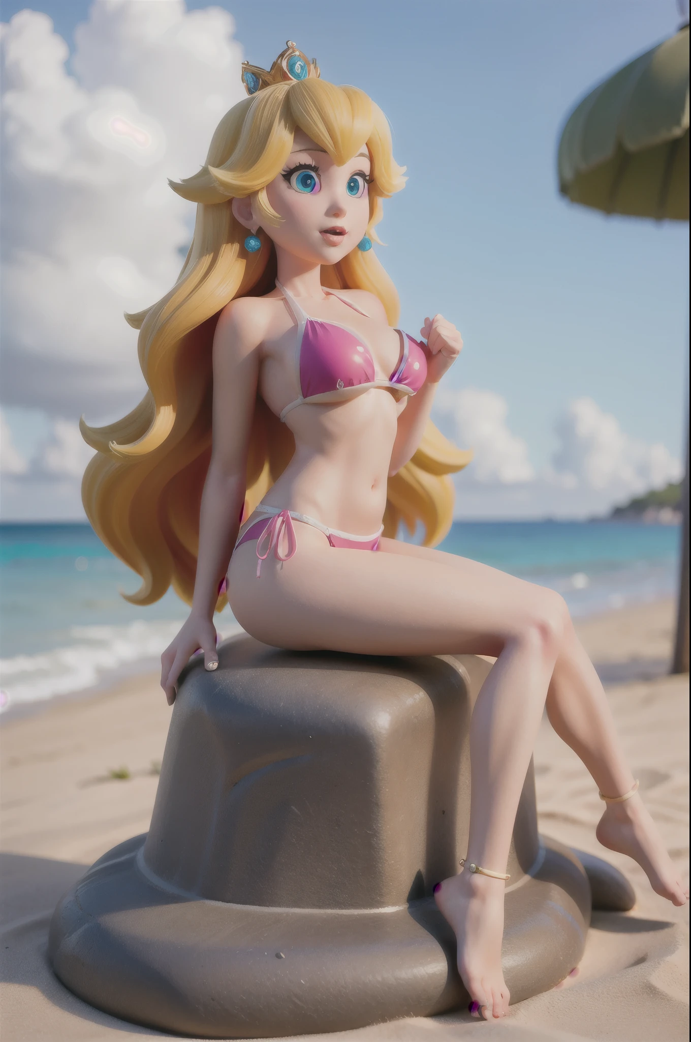 princess peach,pink bikini Glittering glitter,Sitting on the beach,view crotch