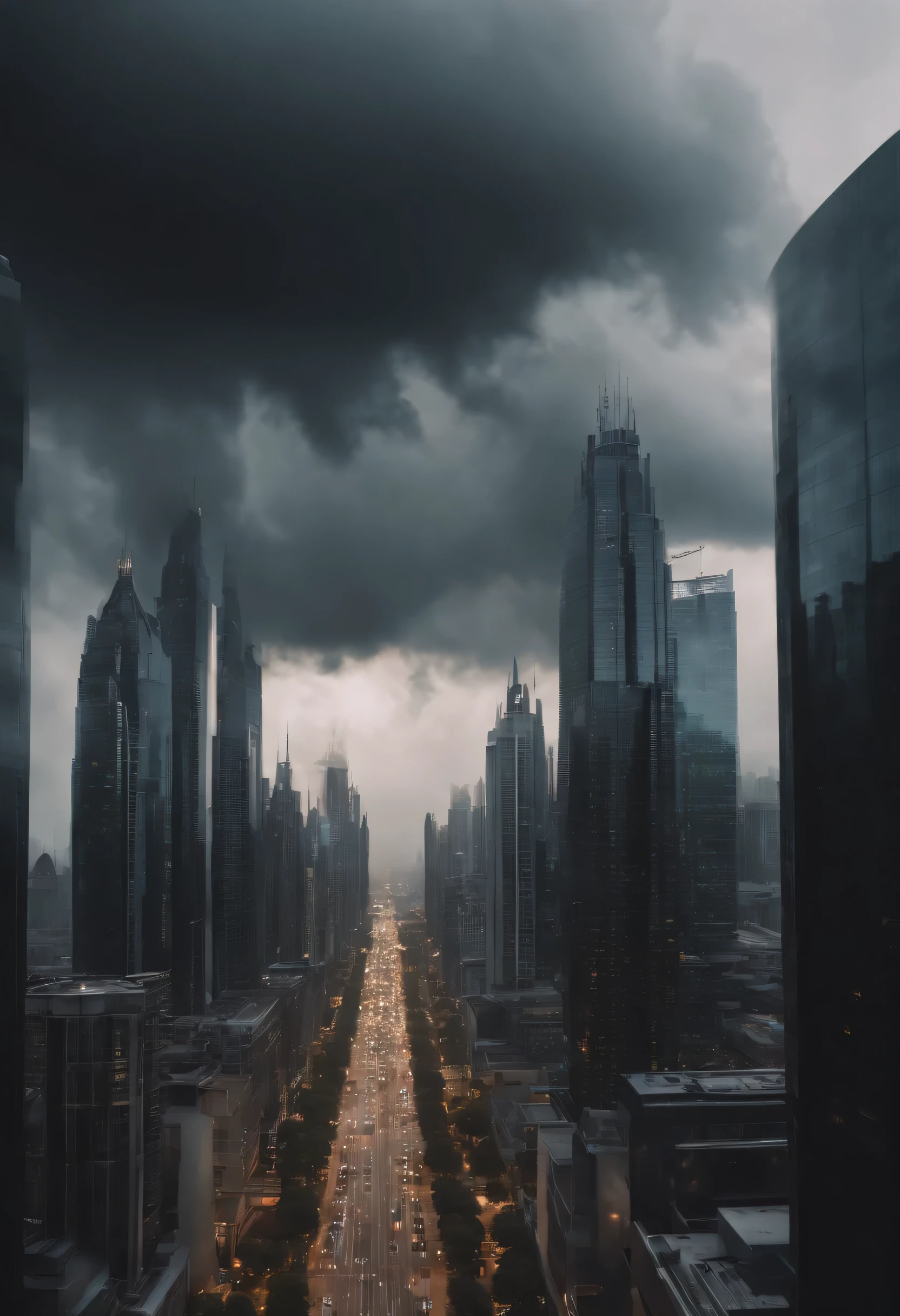 black cloud coming from the sky in a futuristic city