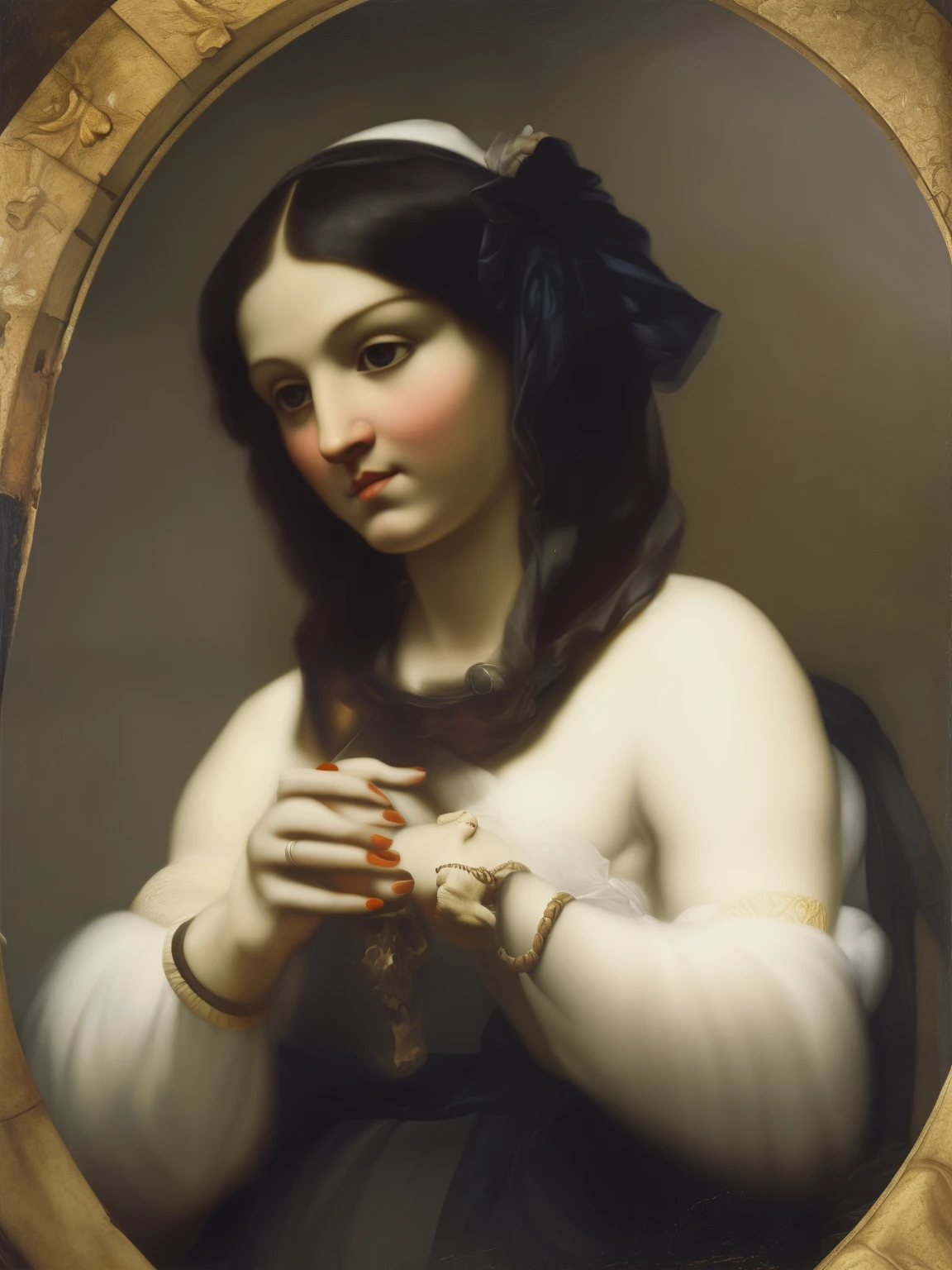 Diviner holding a skull, baroque painting, dark atmosphere and mood