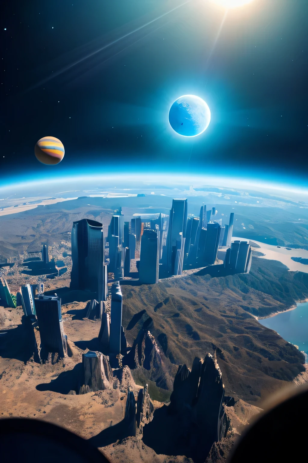 A Distant Planet. 3 suns of different sizes and colors hang above the planet... Bizarrely shaped city. Aliens are people with blue skin.. They are dressed in short robes.
