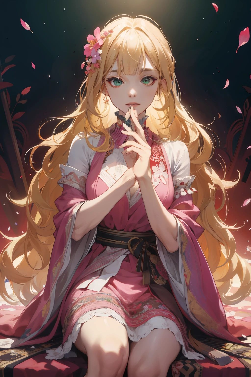 (absurdres, highres, ultra detailed), 1girl, mature female, wavy blonde hair, long hair, blunt bangs, green eyes, pink dress, finely detailed eyes and detailed face, extremely detailed CG unity 8k wallpaper, intricate details, BREAK , kaleidoscopic imagery, symmetrical patterns, vibrant colors, geometric shapes, mesmerizing designs, optical illusions, dynamic composition BREAK , pantomime art, expressive body language, silent storytelling, evocative gestures, visual narratives, theatrical performances BREAK , blooming flowers, colorful petals, fragrant scents, nature's bounty, vibrant gardens, peaceful scenery