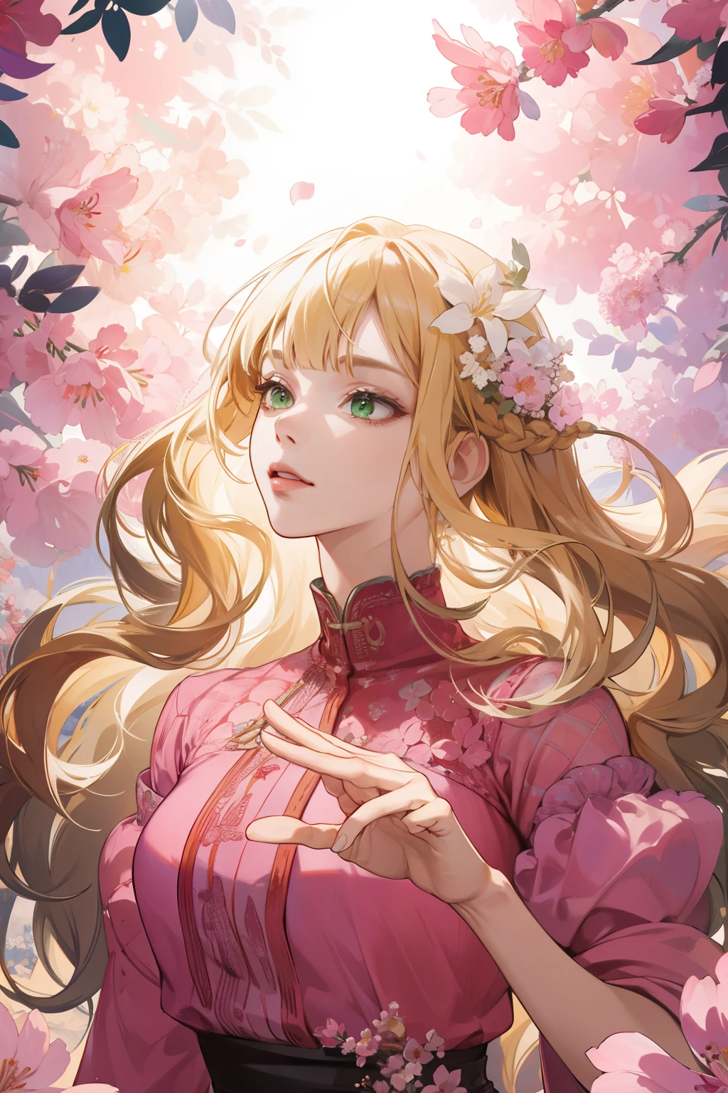 (absurdres, highres, ultra detailed), 1girl, mature female, wavy blonde hair, long hair, blunt bangs, green eyes, pink dress, finely detailed eyes and detailed face, extremely detailed CG unity 8k wallpaper, intricate details, BREAK , kaleidoscopic imagery, symmetrical patterns, vibrant colors, geometric shapes, mesmerizing designs, optical illusions, dynamic composition BREAK , pantomime art, expressive body language, silent storytelling, evocative gestures, visual narratives, theatrical performances BREAK , blooming flowers, colorful petals, fragrant scents, nature's bounty, vibrant gardens, peaceful scenery